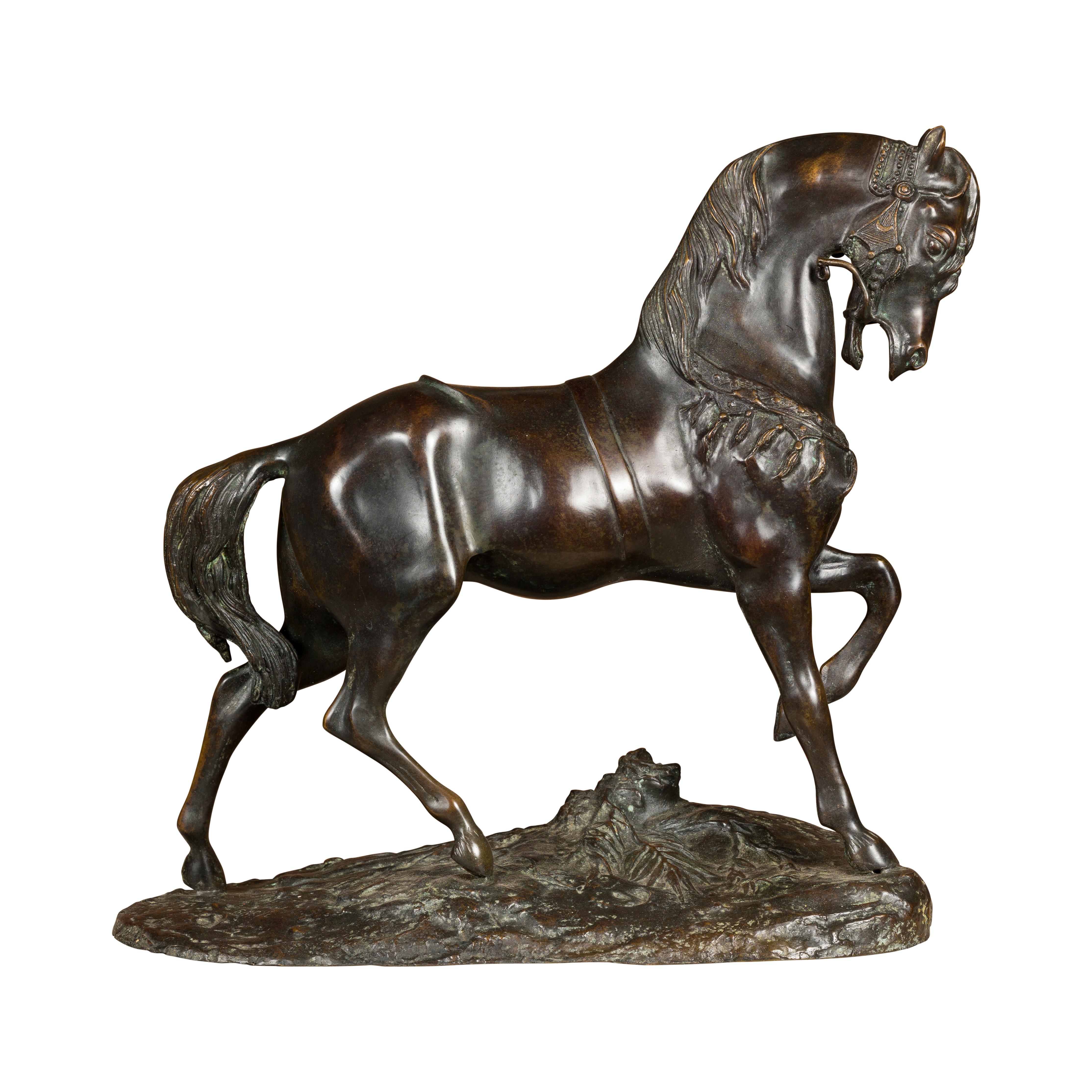 Antoine-Louis Barye Bronze Horse Sculpture with Left Foot Raised and Dark Patina For Sale 7