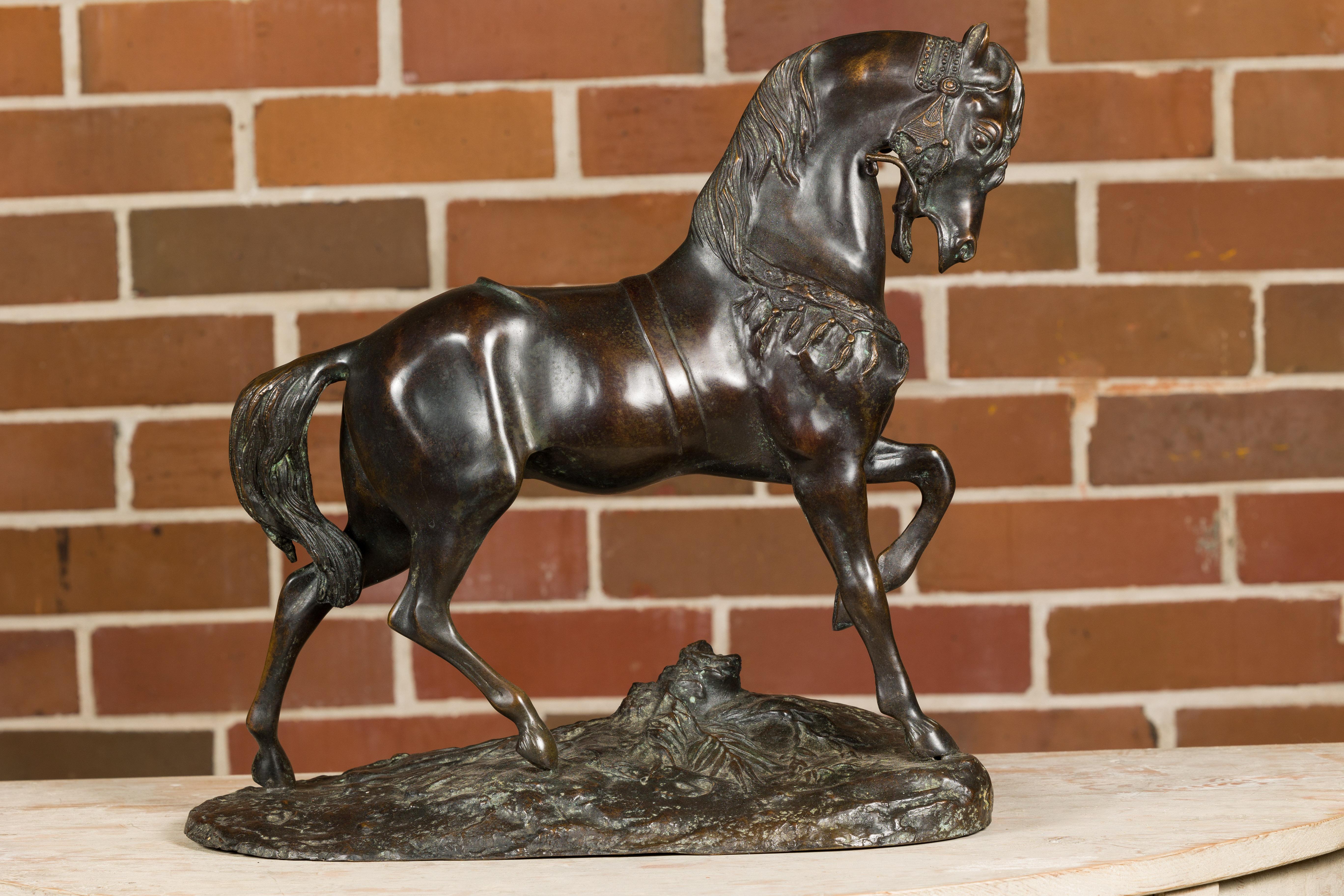 French Antoine-Louis Barye Bronze Horse Sculpture with Left Foot Raised and Dark Patina For Sale