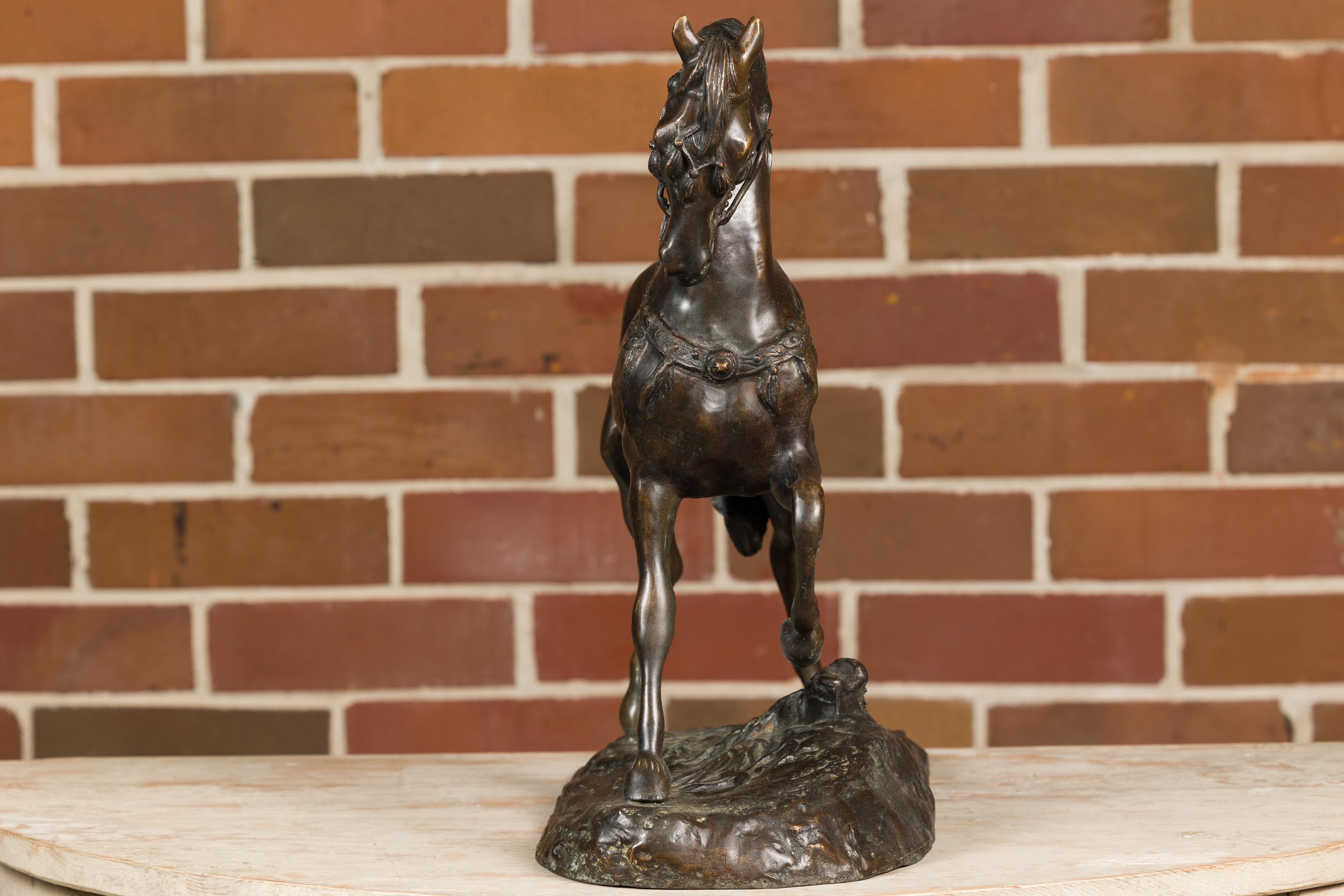 19th Century Antoine-Louis Barye Bronze Horse Sculpture with Left Foot Raised and Dark Patina For Sale