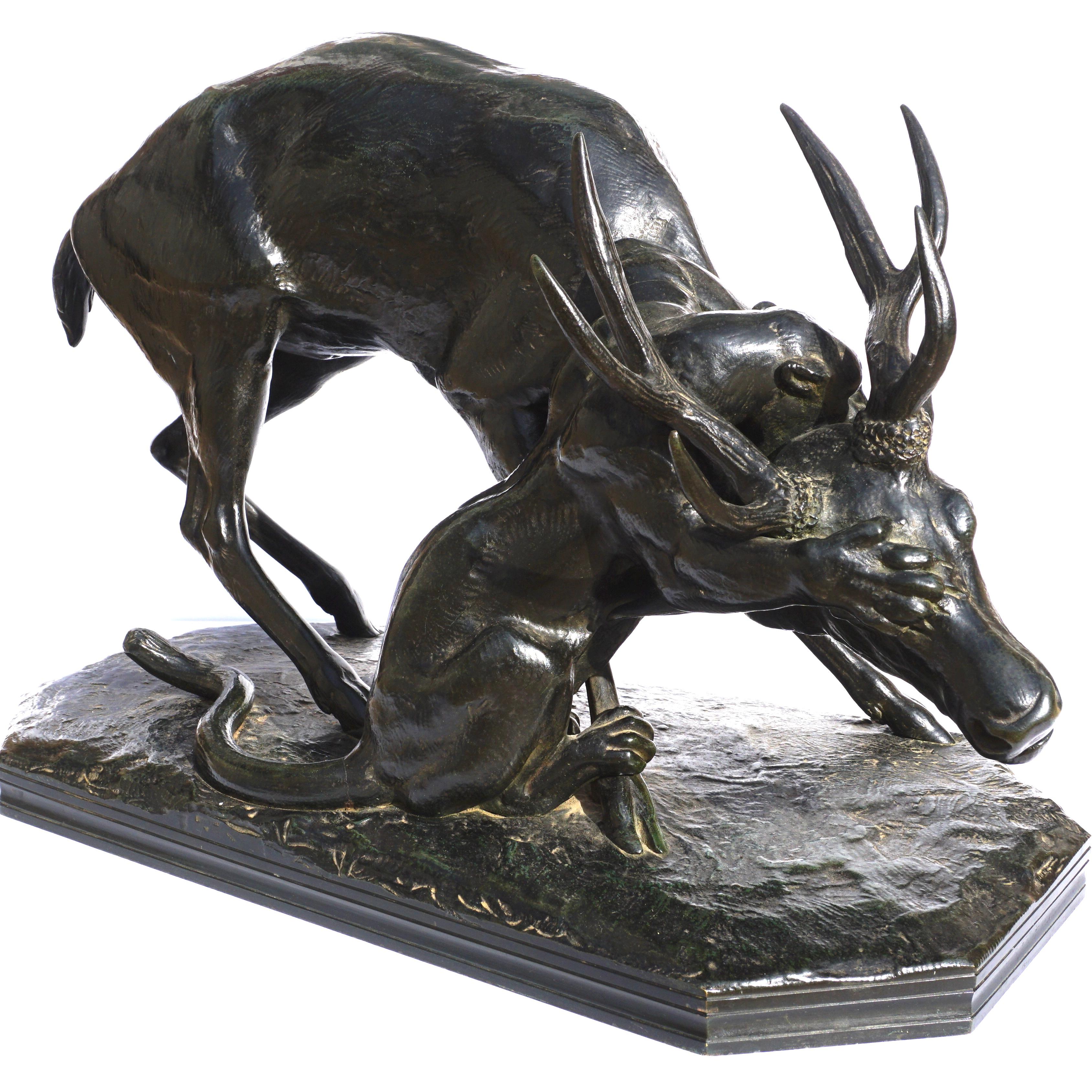 Antoine-Louis Barye (FRENCH, 1795-1875) 
Panthère saisissant un cerf (Panther seizing a stag) 
Signed: “BARYE”
Stamped: Susse Fres 
bronze, dark-green/black patina 
Measures: Height 12.75 In. (32.4 cm.) 
Width 21 Inches
Depth 10.5

Provenance: