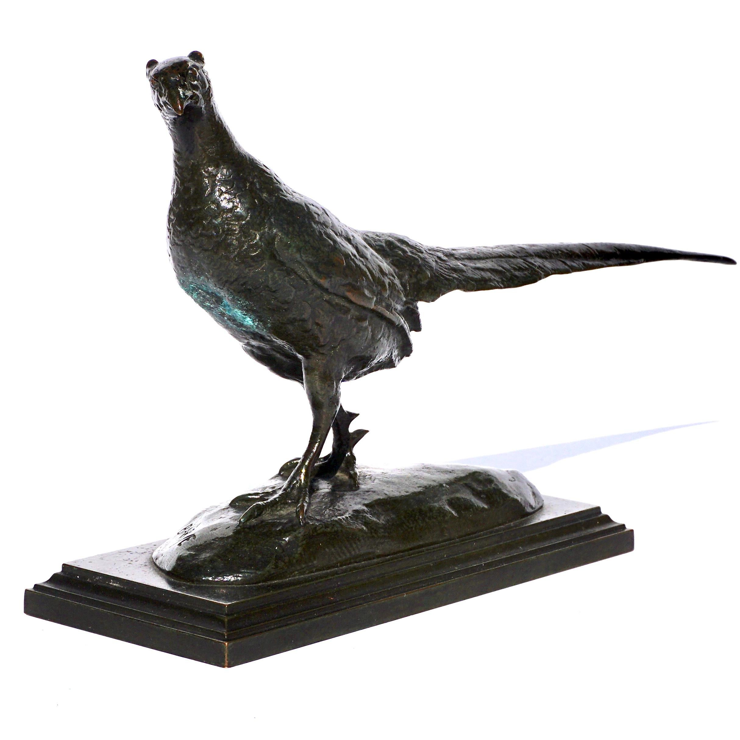 Antoine-Louis Barye (French, 1795-1875) Faisan, tête tournée à gauche (Pheasant, head turned to left) Inscribed BARYE and F.BARBEDIENNE, the underside stamped no 64 and 43 with 55 in black ink bronze with a beautiful green-brown patina, circa