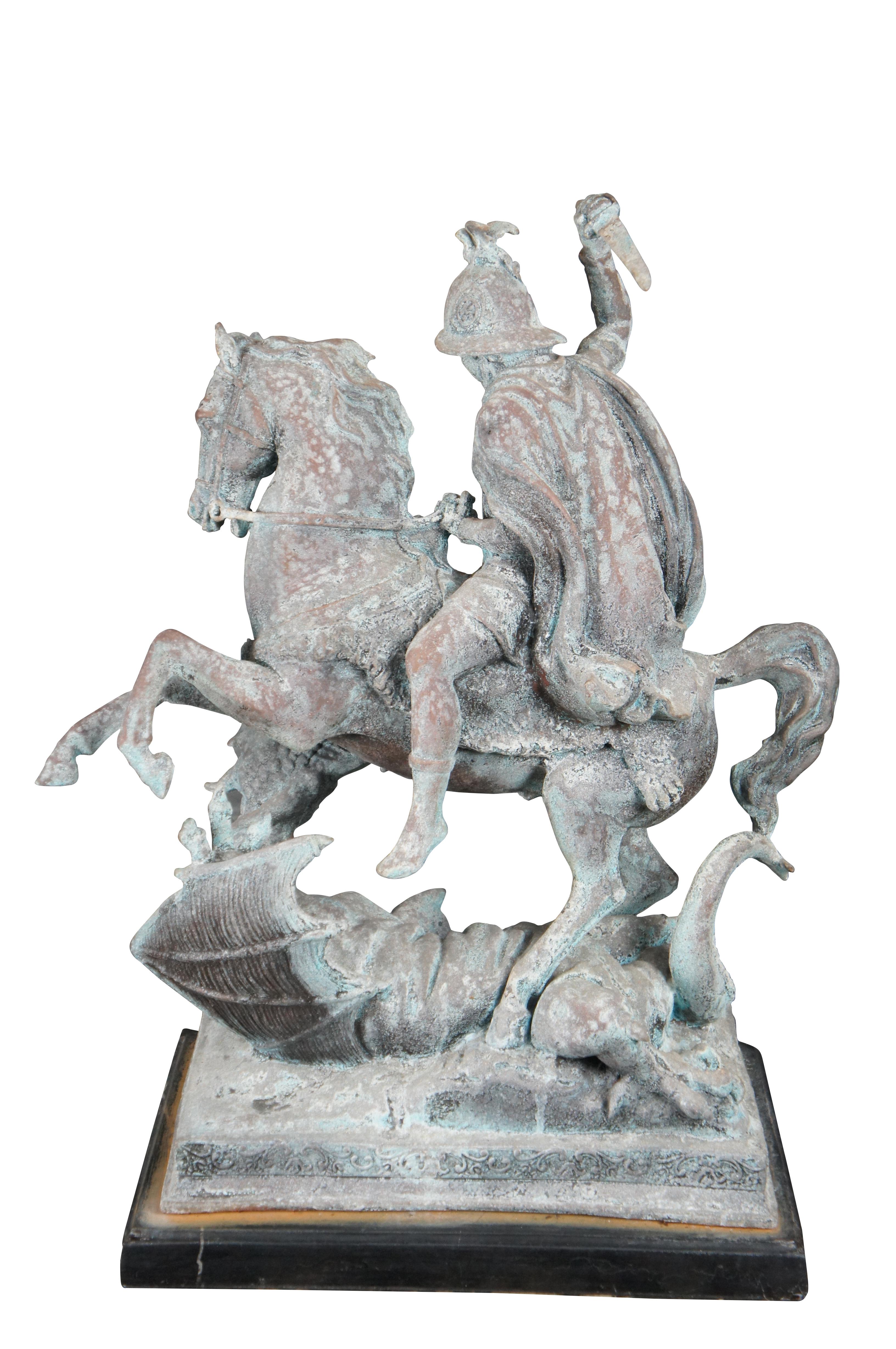 Renaissance Antoine-Louis Barye Bronze Saint George Dragon Slayer Sculpture Statue Verdigris For Sale
