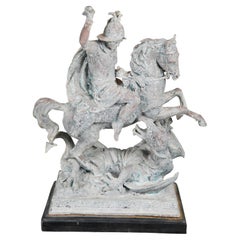 Antoine-Louis Barye Bronze Saint George Dragon Slayer Sculpture Statue Verdigris