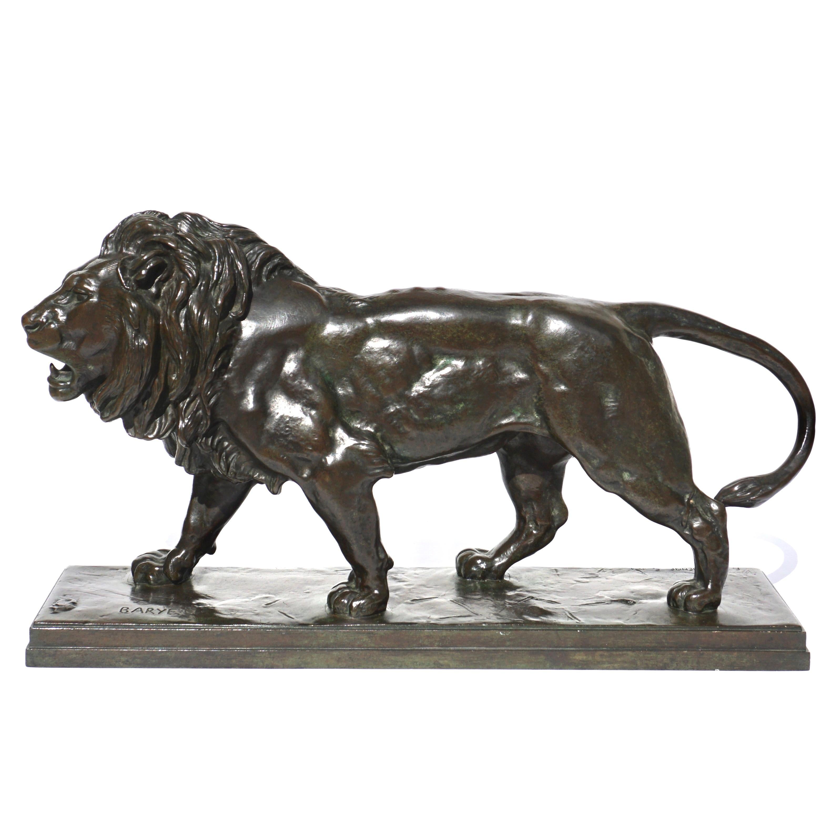 Antoine-Louis Barye (French, 1796-1875) bronze striding lion, 
F Barbedienne Fondeur foundry 
Circa 1880. 
Patinated chocolate brown patina.

Dimensions: 16 x 9 x 4 inches

Signed: “BARYE” and “F. Barbedienne Fondeur”

Condition: