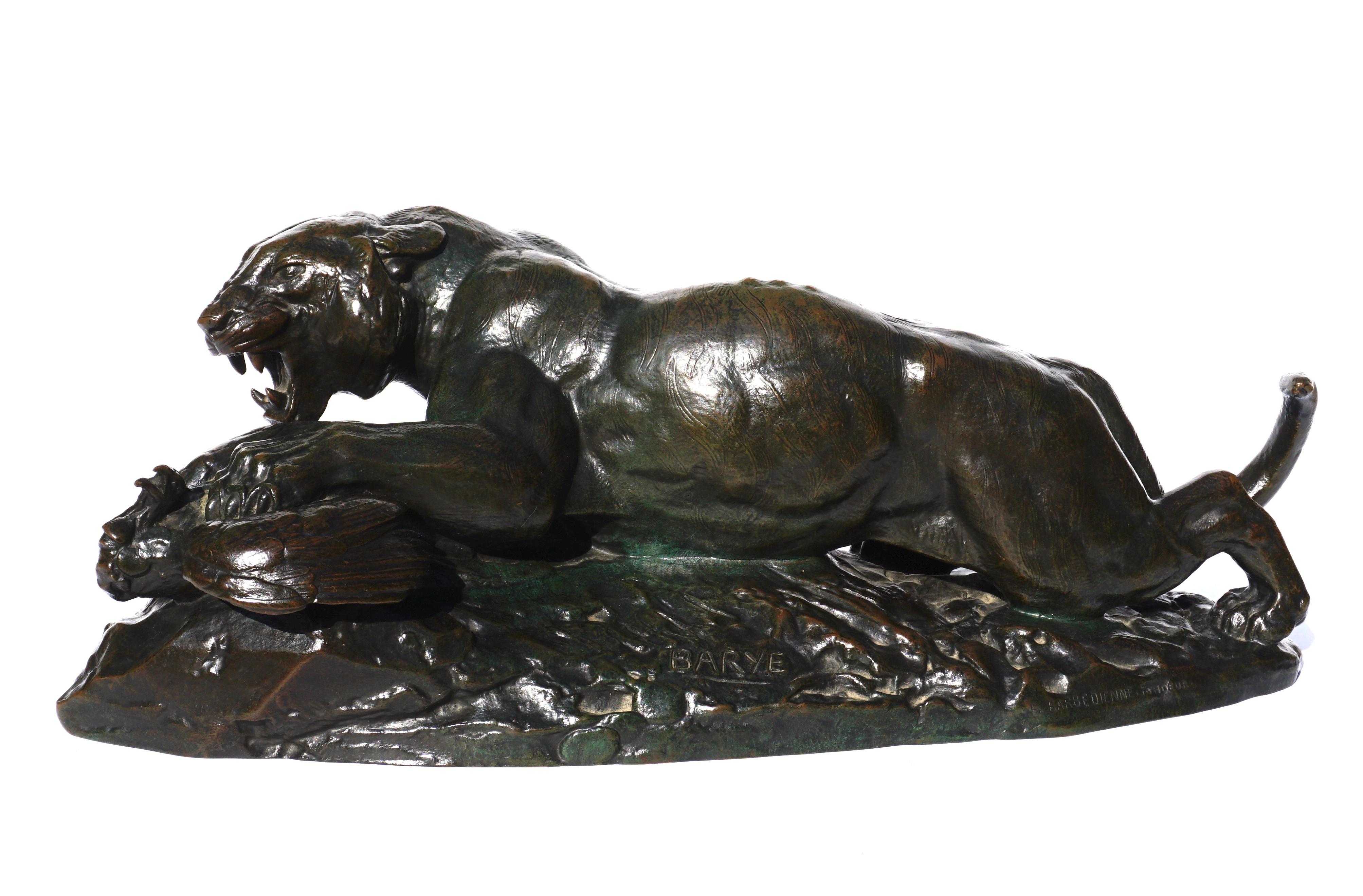 Antoine Louis Barye (Fr. 1795 - 1875). A French bronze group entitled “Tigre saisissant un paon”' (Tiger seizing a peacock)

One of Barye’s animalier violent nature themes of a hungry and aggressive tiger at the moment it attacks a peacock