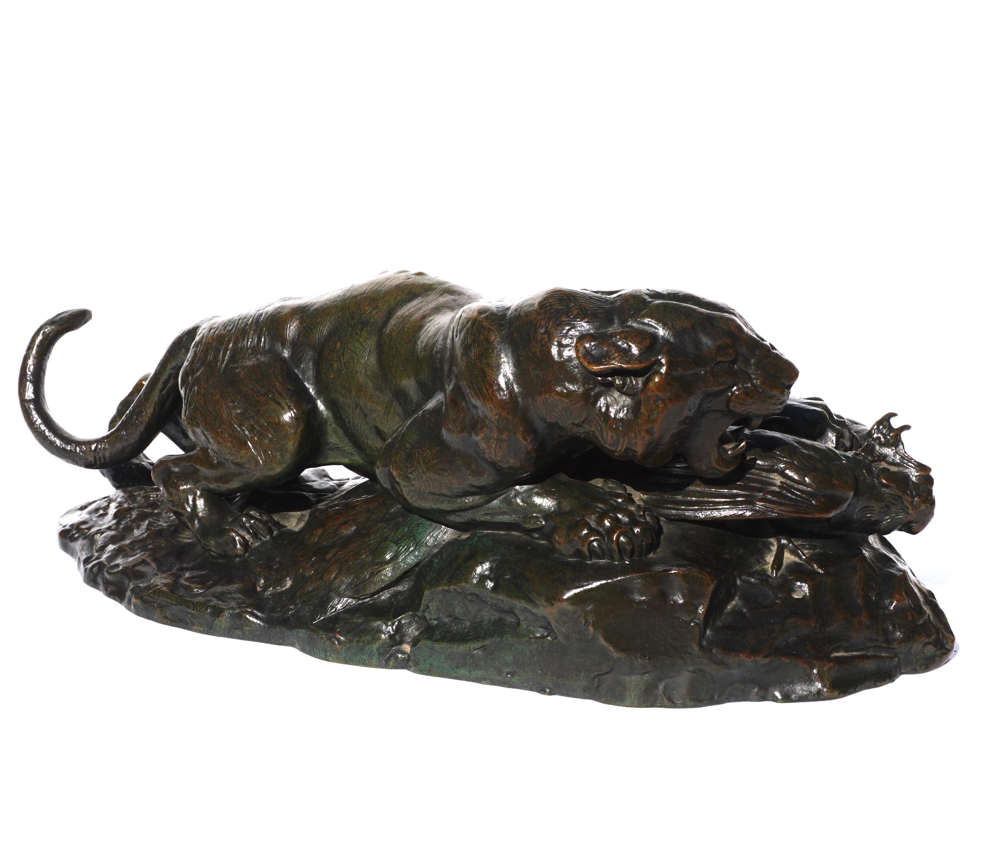 Cast Antoine Louis Barye Bronze “Tiger Seizing A Peacock”