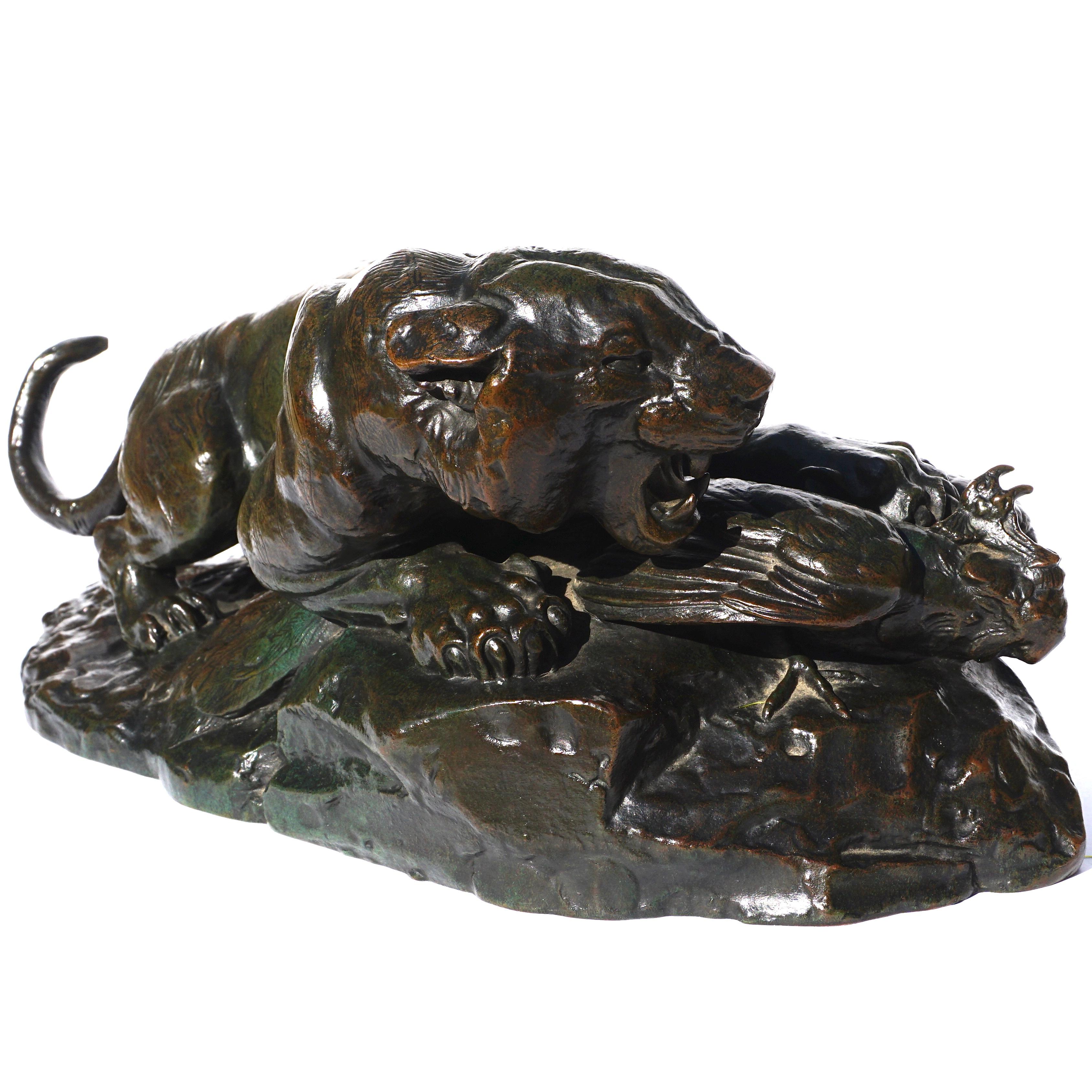 Antoine Louis Barye Bronze “Tiger Seizing A Peacock” In Excellent Condition In Dallas, TX