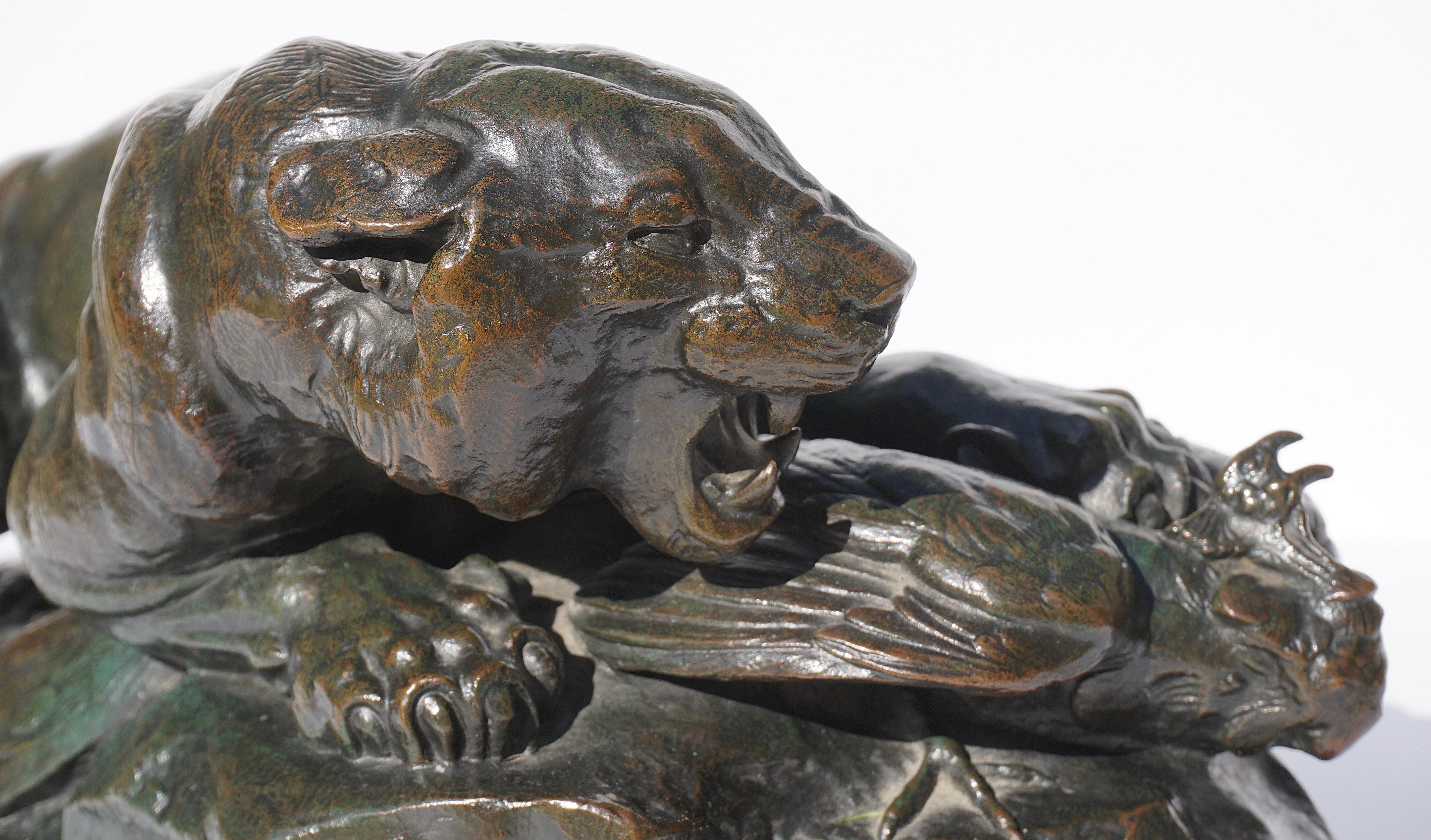 Late 19th Century Antoine Louis Barye Bronze “Tiger Seizing A Peacock” 