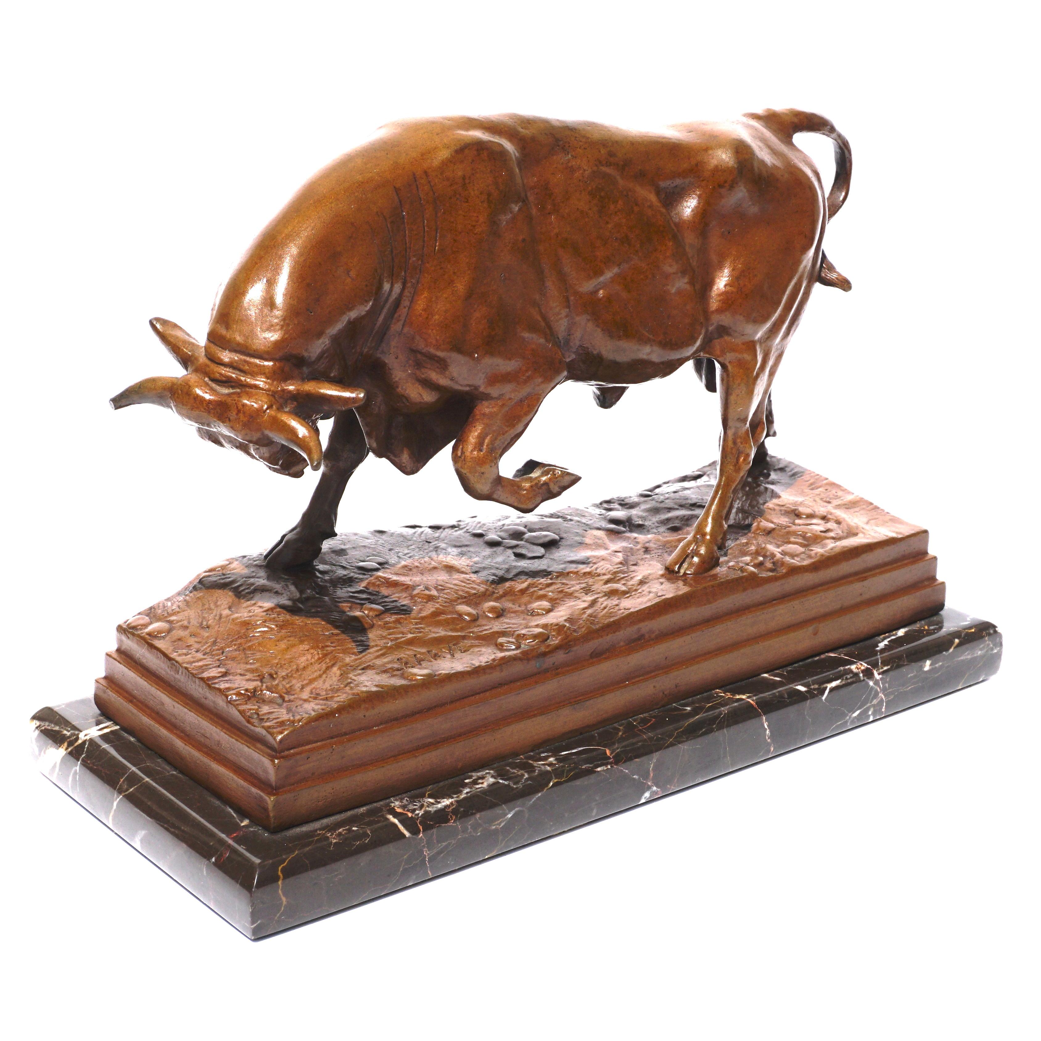 Antoine-Louis Barye (French, 1795-1875) 
Taureau debout, seconde version (Standing bull, second version)
Rich milk chocolate patina and excellent detail. 

Signed “Barye” and marked with “F. Barbedienne Fondeur” foundry.

Very good to excellent