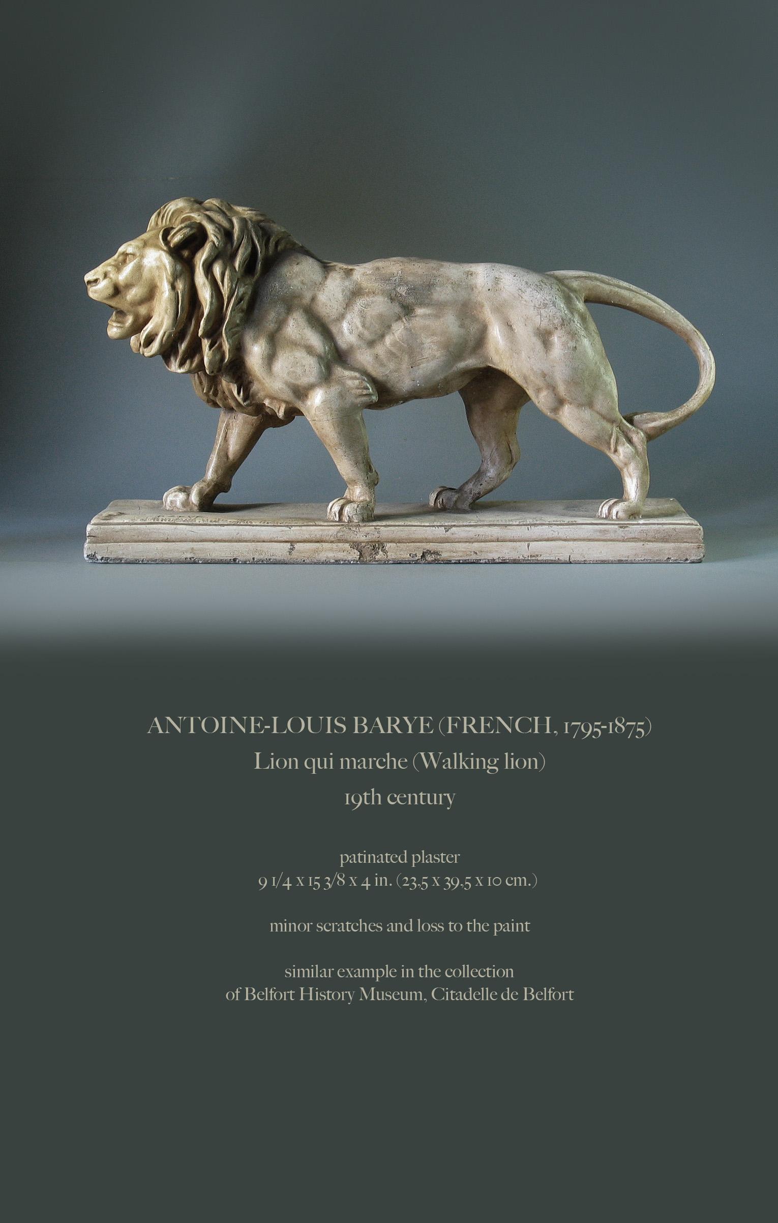 Antoine-Louis Barye (French, 1795-1875)
Lion qui marche (Walking lion)
19th century.

Patinated plaster
9 1/4 x 15 3/8 x 4 in. (23.5 x 39.5 x 10 cm.)
Minor scratches and loss to the paint

Similar example in the collection
of Belfort