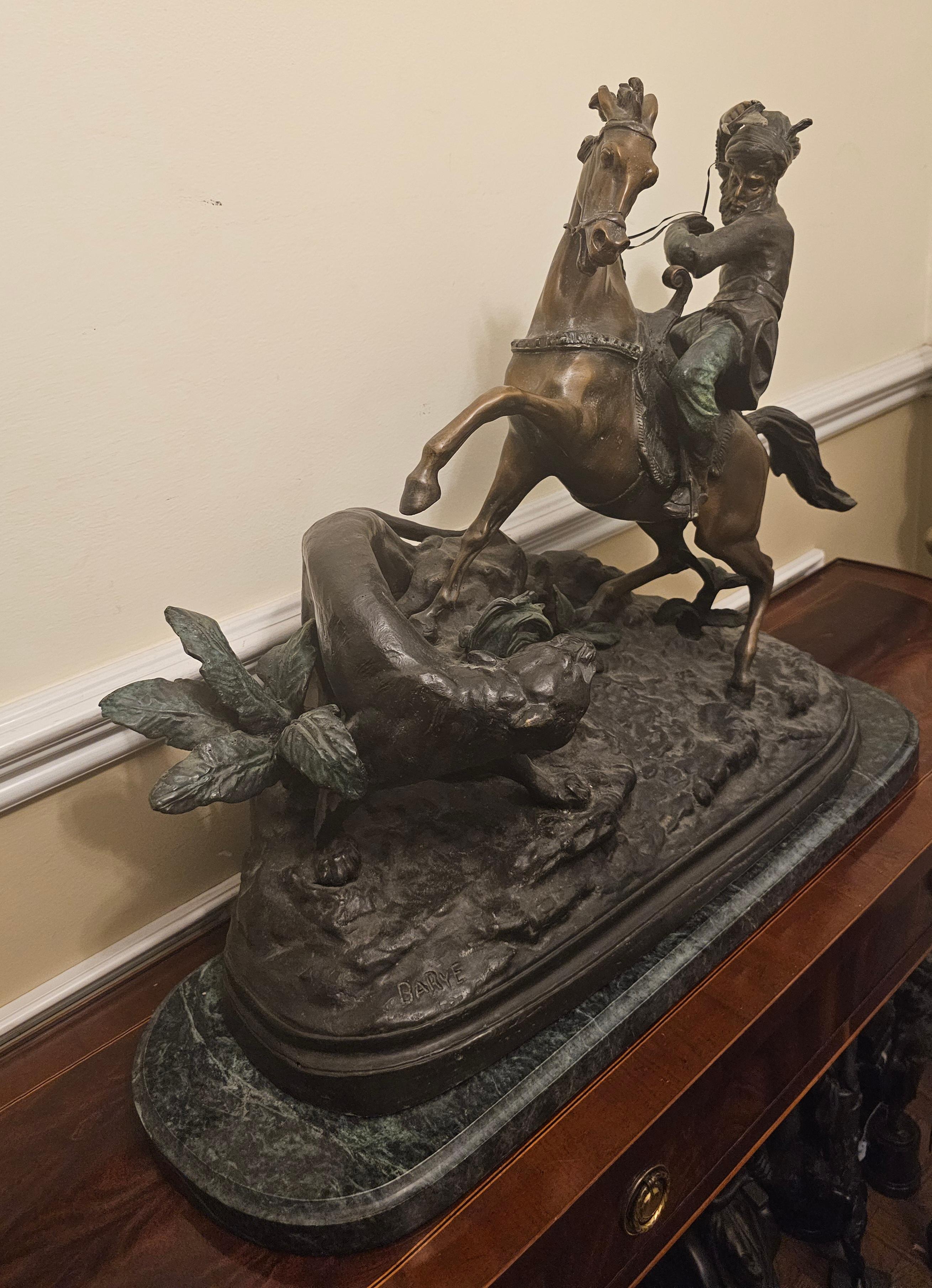20th Century Antoine-Louis Barye (French 1796 - 1875), Cougar Attack, Recast Bronze on Marble For Sale