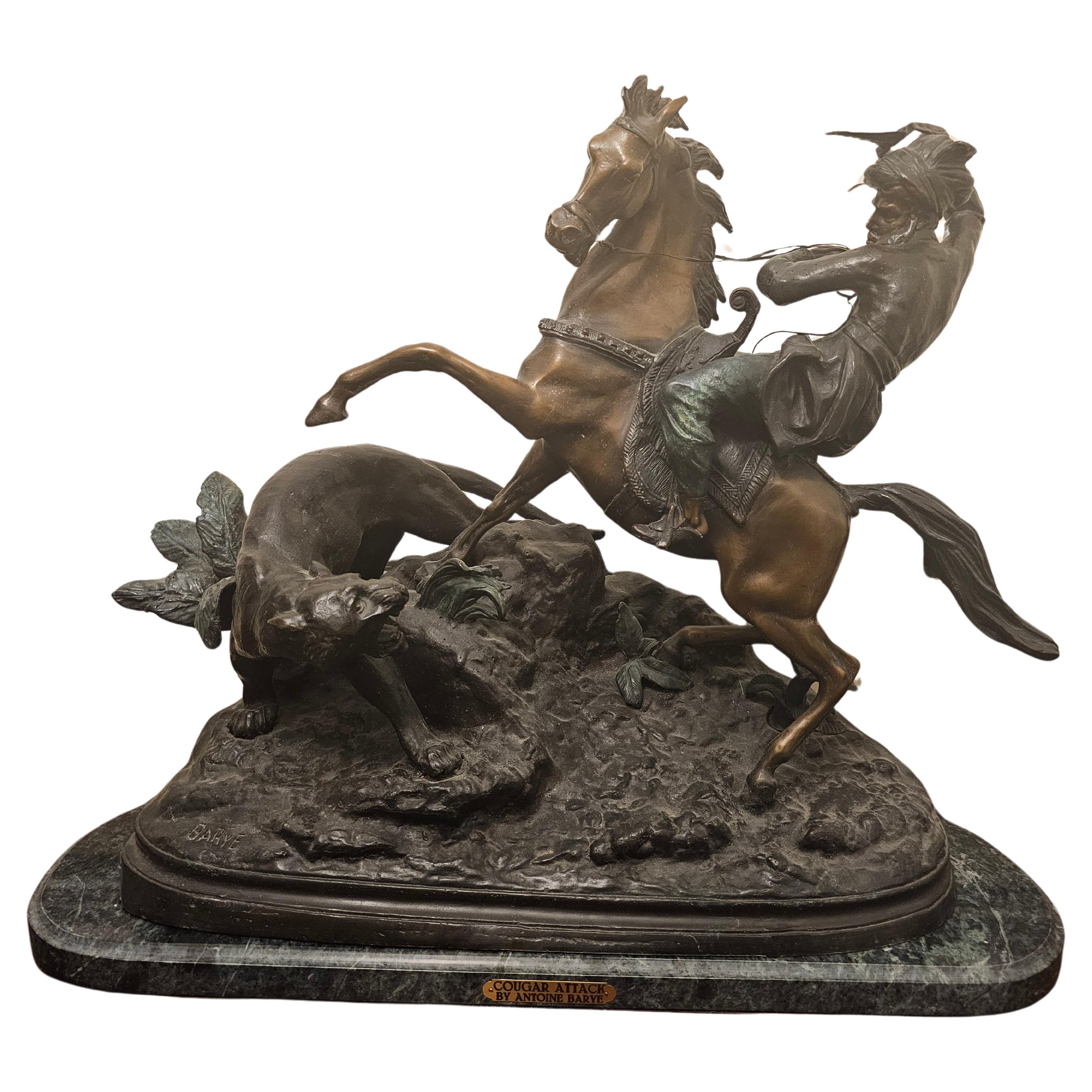 Antoine-Louis Barye (French 1796 - 1875), Cougar Attack, Recast Bronze on Marble For Sale