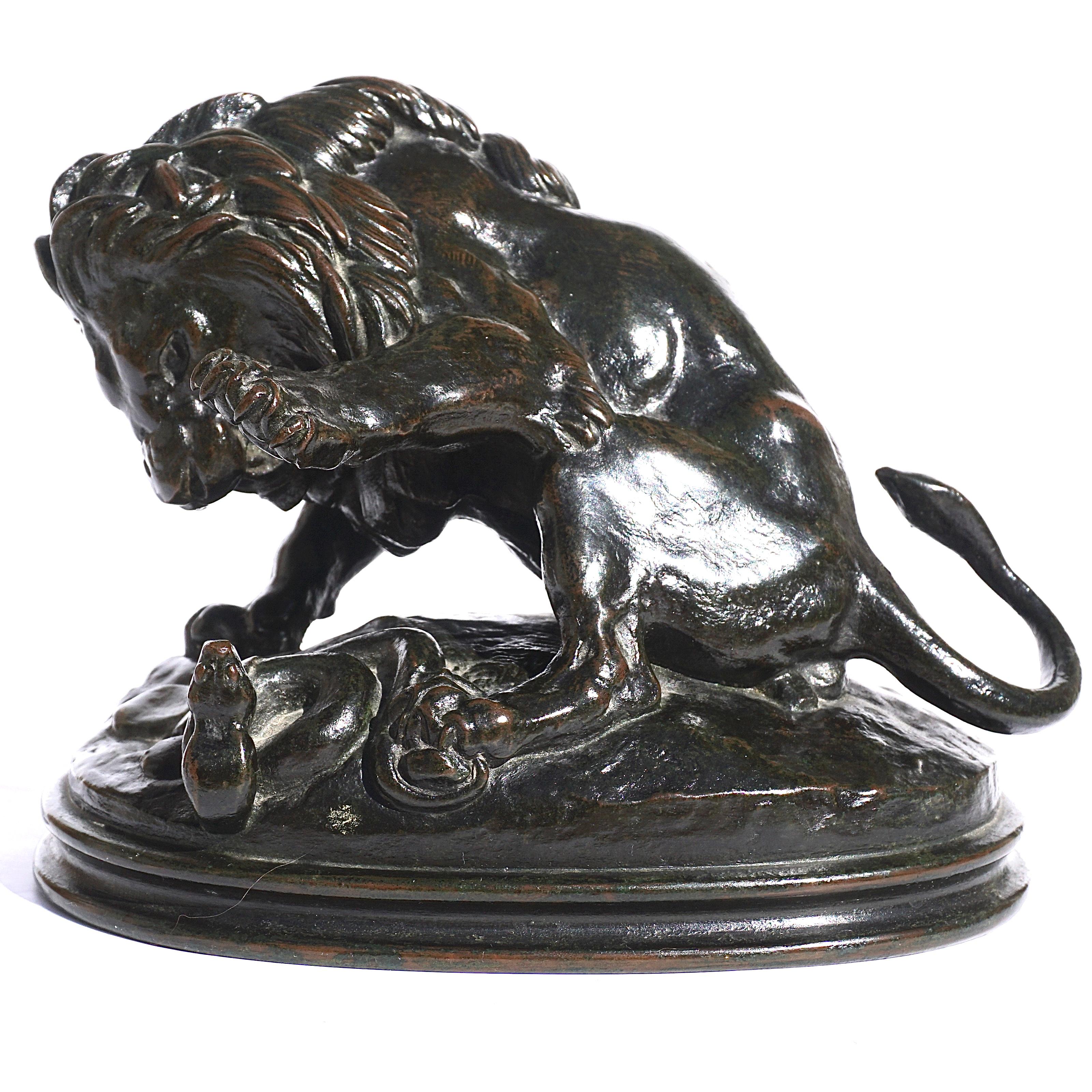 Antoine-Louis Barye (FRENCH, 1795-1875) 
Lion au serpent No3, esquisse (Lion crushing a snake No3, sketch model)
Signed: BARYE
Bronze, dark-brown/red patina with touches of verdigris 
Measures: Height 5.15 inches (13 cm.), width 6.65 inches,