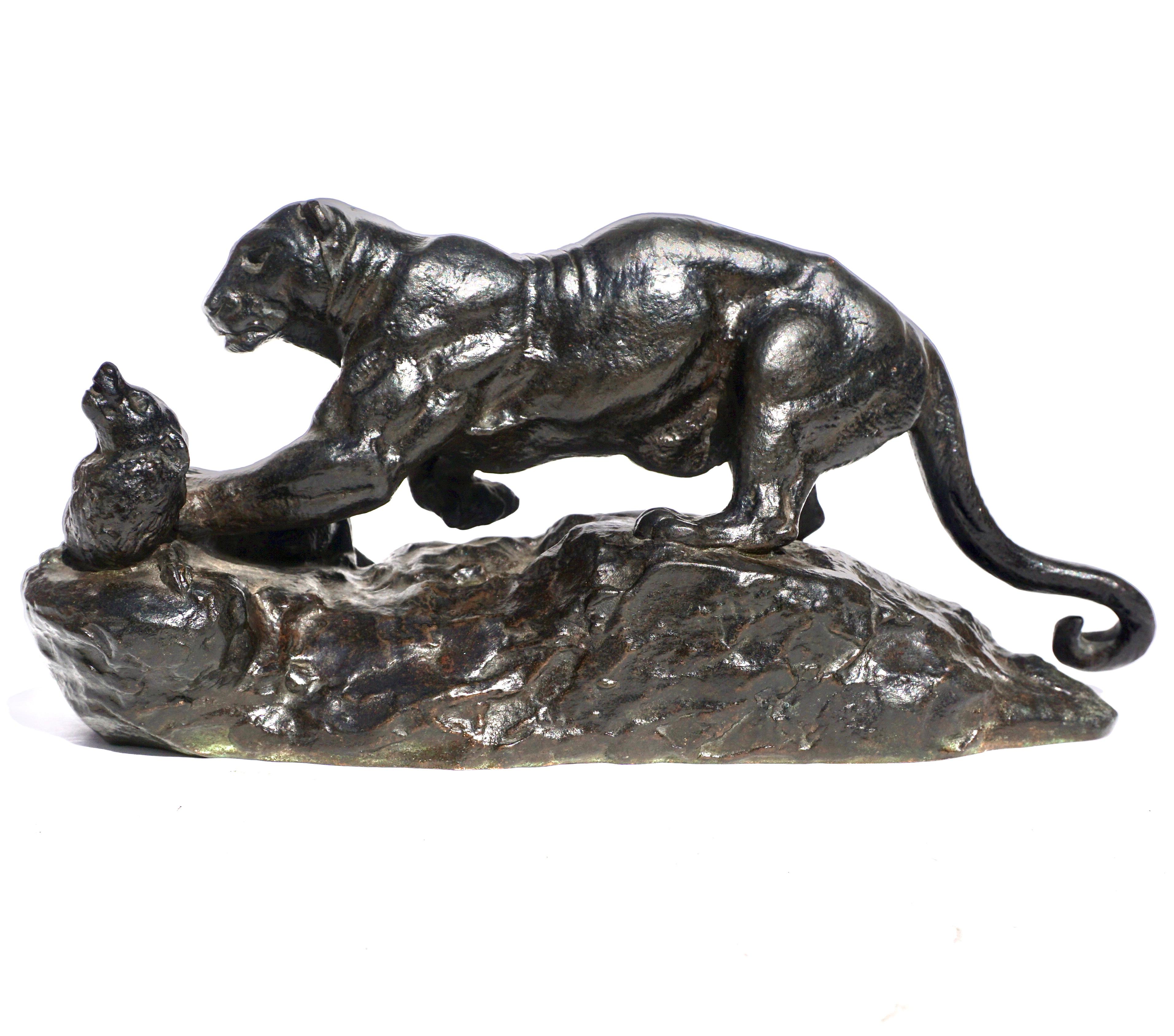 ANTOINE-LOUIS BARYE (FRENCH, 1795-1875) 
Panthère surprenant un zibeth, seconde version (Panther attacking a civet cat, second version)
signed BARYE 
bronze, dark-brown patina with rust highlights 

Length: 9.25 Inches (23.5 cm)
Height:4.25