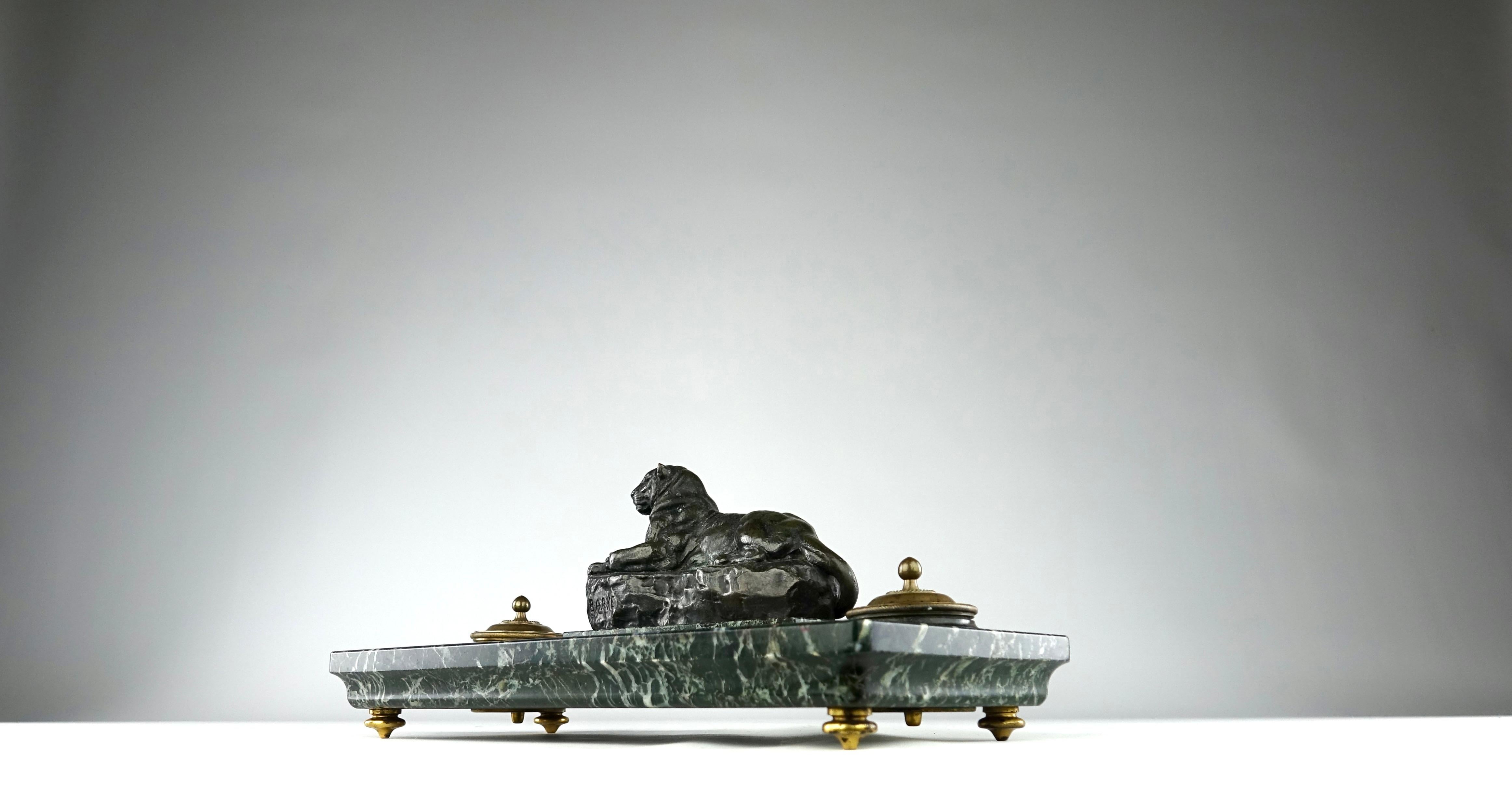 Metal Antoine Louis Barye, Panther of India on Inkwell, Ferdinand Barbedienne Edition For Sale