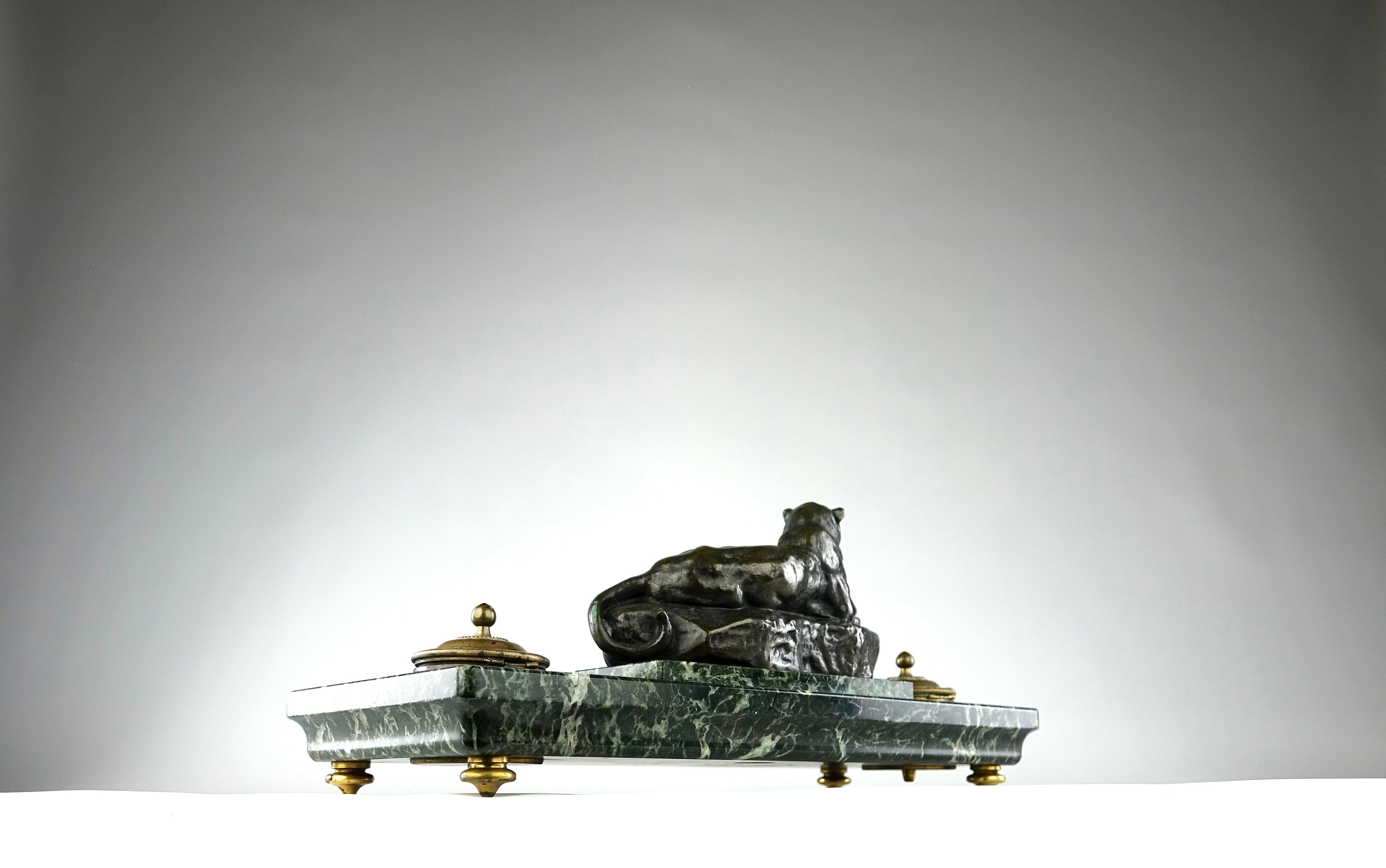Antoine Louis Barye, Panther of India on Inkwell, Ferdinand Barbedienne Edition For Sale 2