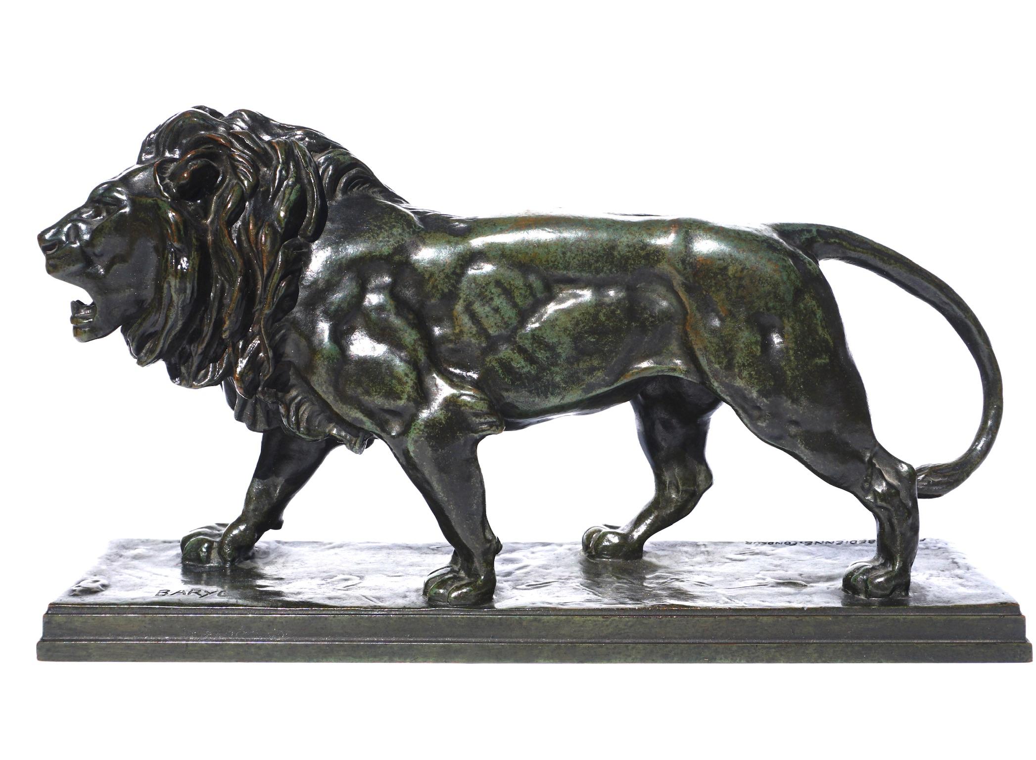 Antoine-Louis Barye (French, 1796-1875) bronze striding lion, F Barbedienne Fondeur foundry, circa 1880. Patinated brown and green patina.

Barye is best known for his bronzes of the big cats and the Striding Lion is one of his best Lion