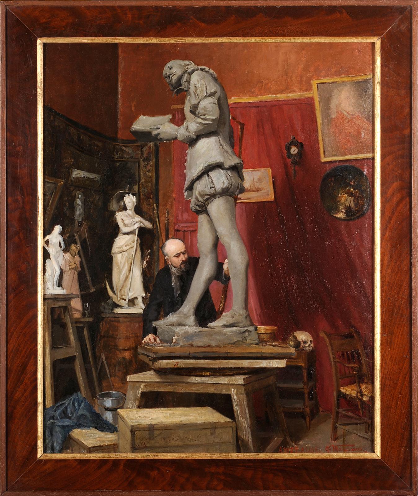 Antoine Louis Manceaux Figurative Painting - The sculptor Jean-Paul Aubé working on a statue of Shakespeare