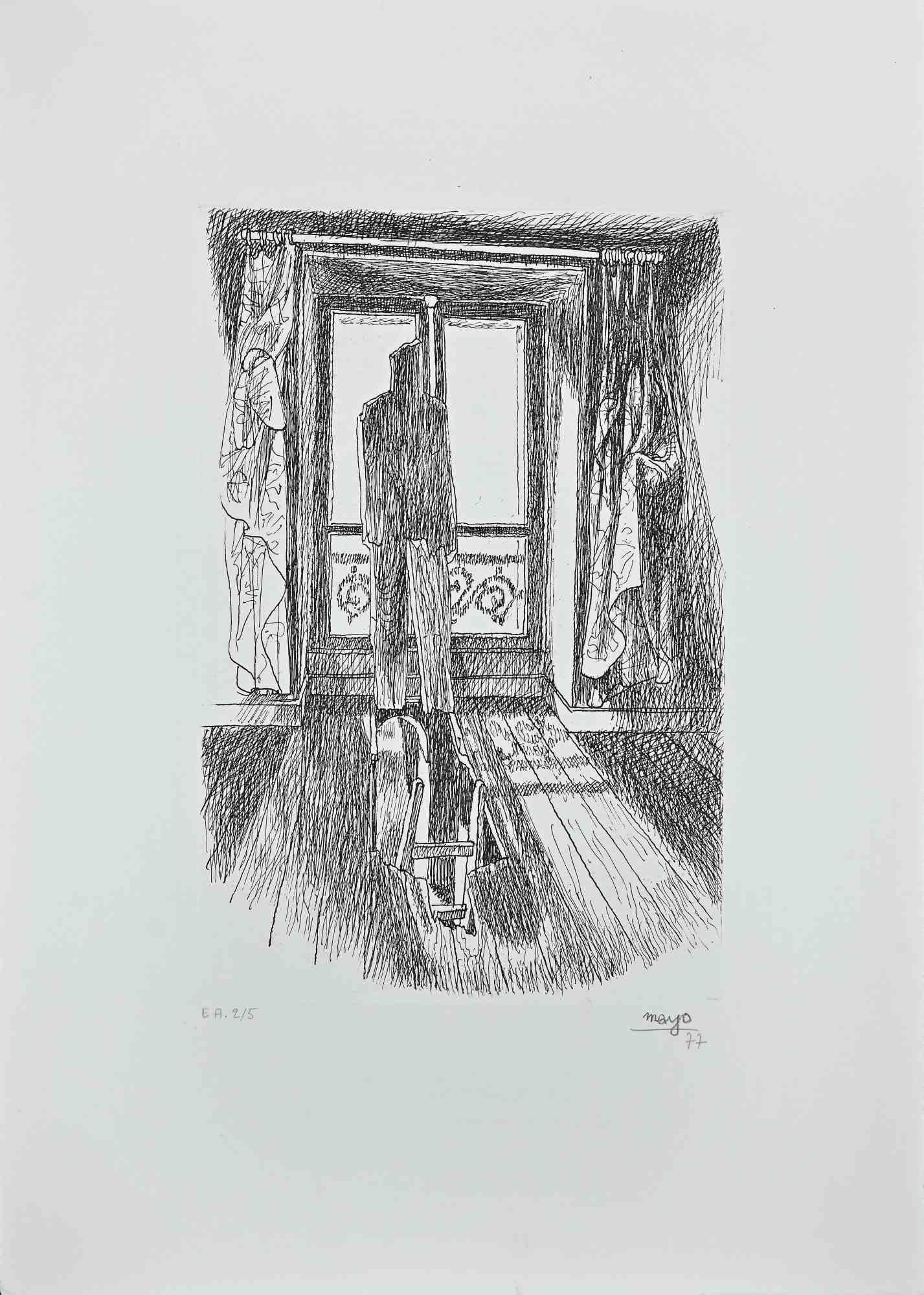 L'Ombre de la mort est une gravure originale en noir et blanc sur papier, réalisée par l'artiste Antoine Mayo, nom d'artiste de Malliarakis (1905-1990) en 1977.

Signée à la main au crayon dans la marge inférieure droite, il s'agit d'une rare