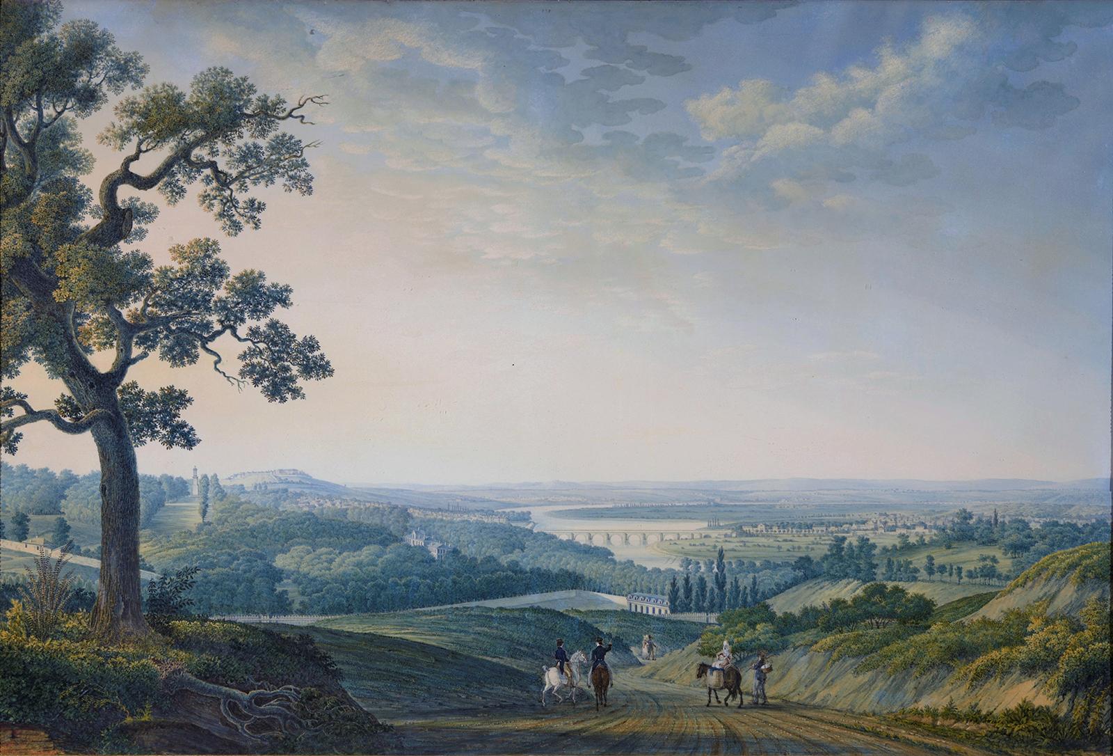 Blick auf die Umgebung von Saint-Cloud von Meudon bei Paris in Frankreich – Painting von Antoine Melling