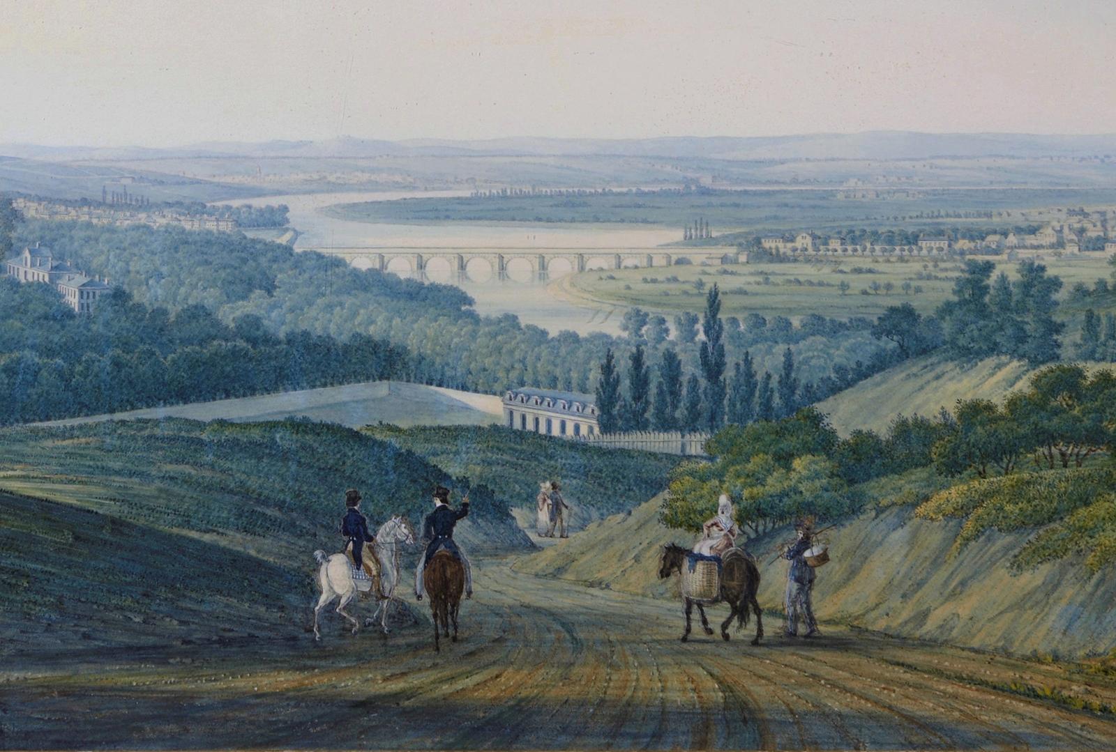 Blick auf die Umgebung von Saint-Cloud von Meudon bei Paris in Frankreich (Französische Schule), Painting, von Antoine Melling