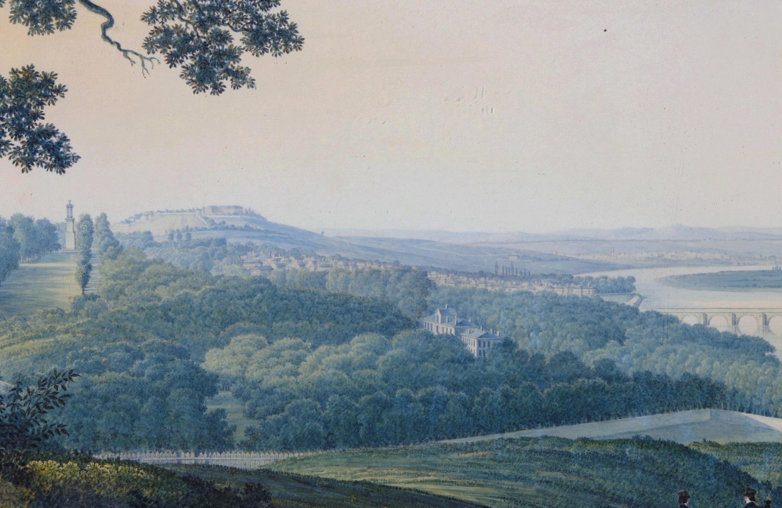 Antoine-Ignace MELLING
(1763 Karlsruhe - 1831 Paris)
Blick auf die Umgebung von Saint-Cloud von der Terrasse des Bellevue in Meudon
Aquarell und Gouache
H. 62,5 cm; B. 93,5 cm
Signiert und datiert unten links - 1819

Ausstellung: Salon von 1819,