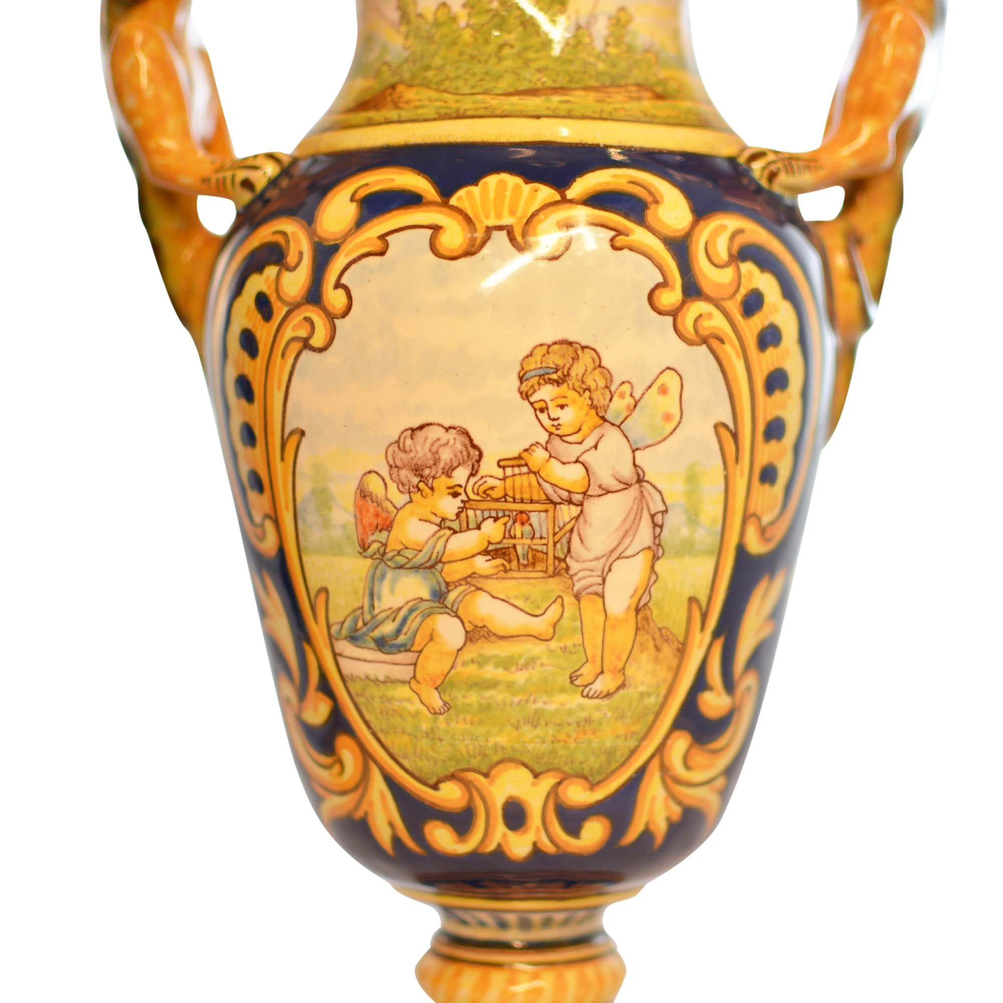 Antoine Montagnon Rouen Vases Hand Painted Cherub Scene and Dragon Handles Pair im Angebot 2