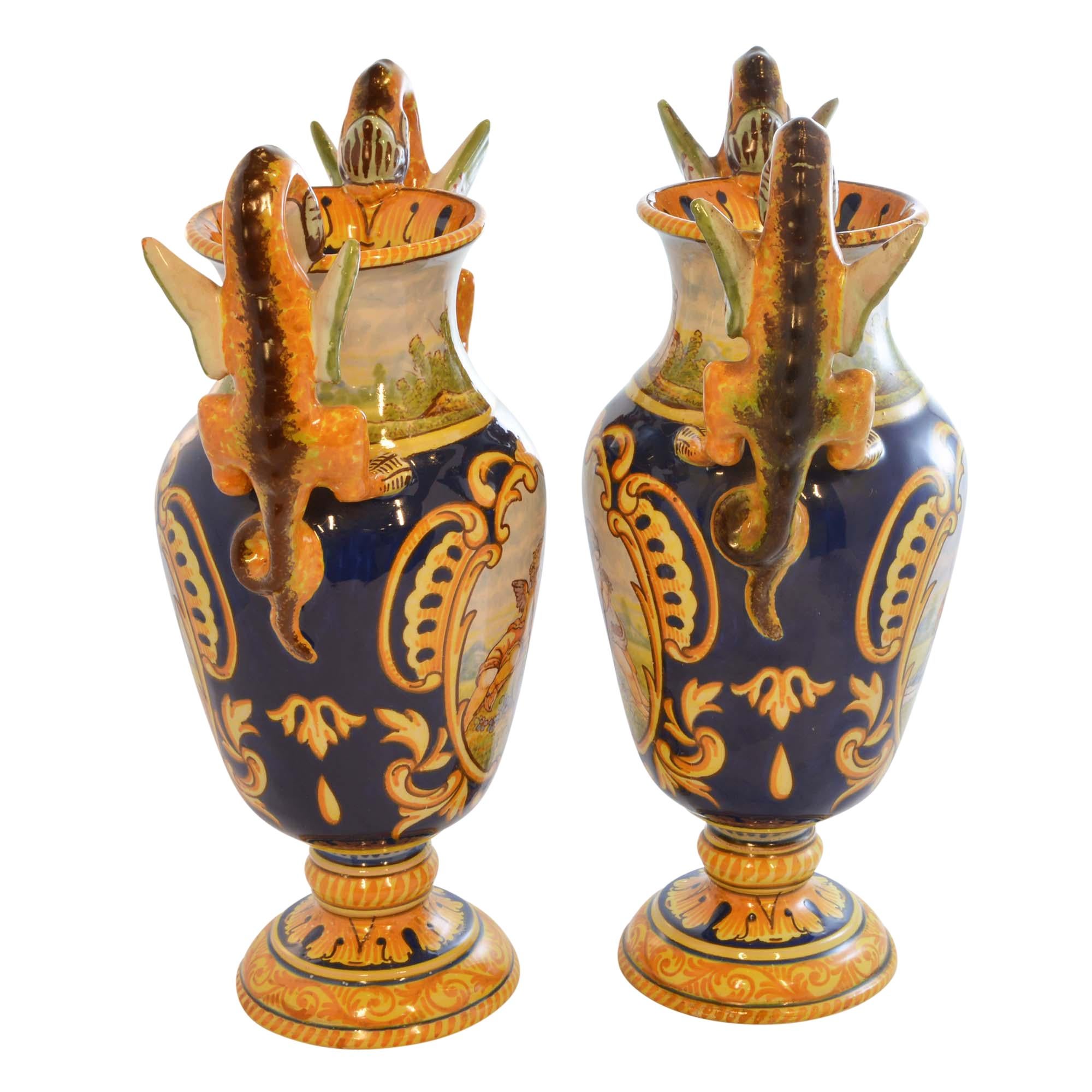 Antoine Montagnon Rouen Vases Hand Painted Cherub Scene and Dragon Handles Pair im Angebot 3