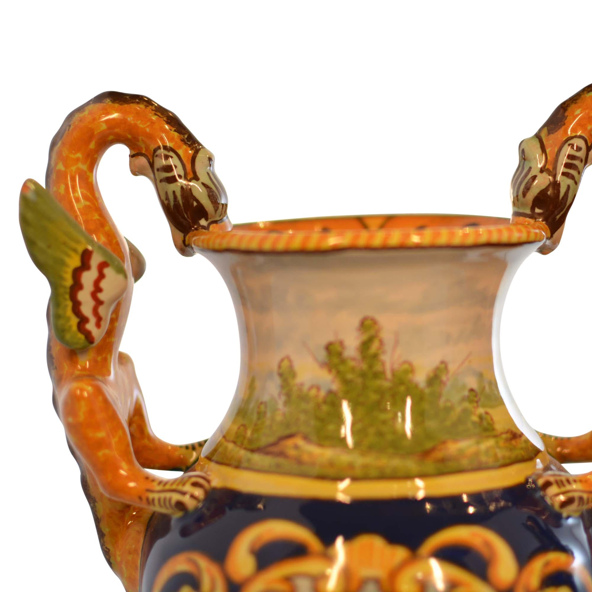 Antoine Montagnon Rouen Vases Hand Painted Cherub Scene and Dragon Handles Pair (Handgefertigt) im Angebot