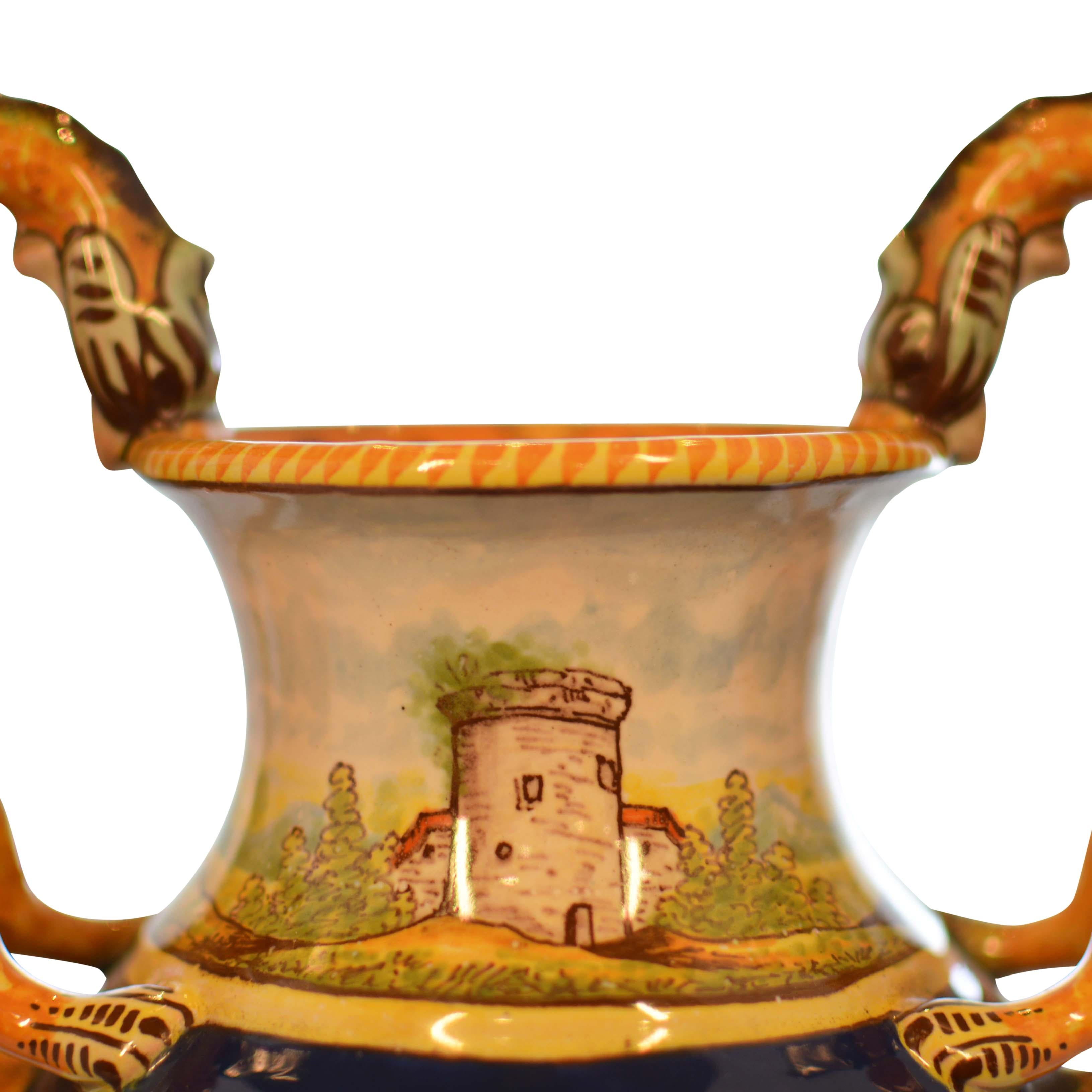 Antoine Montagnon Rouen Vases Hand Painted Cherub Scene and Dragon Handles Pair im Zustand „Gut“ im Angebot in Pataskala, OH