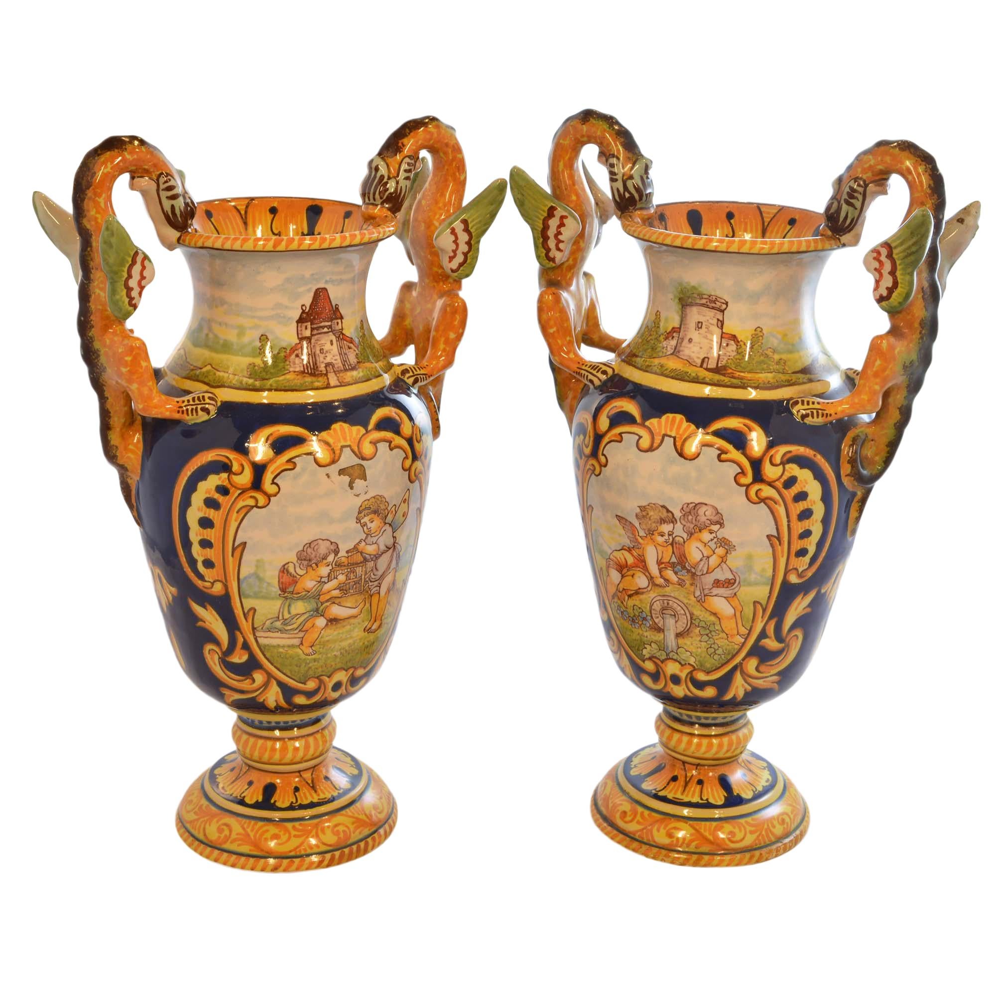 Antoine Montagnon Rouen Vases Hand Painted Cherub Scene and Dragon Handles Pair (19. Jahrhundert) im Angebot