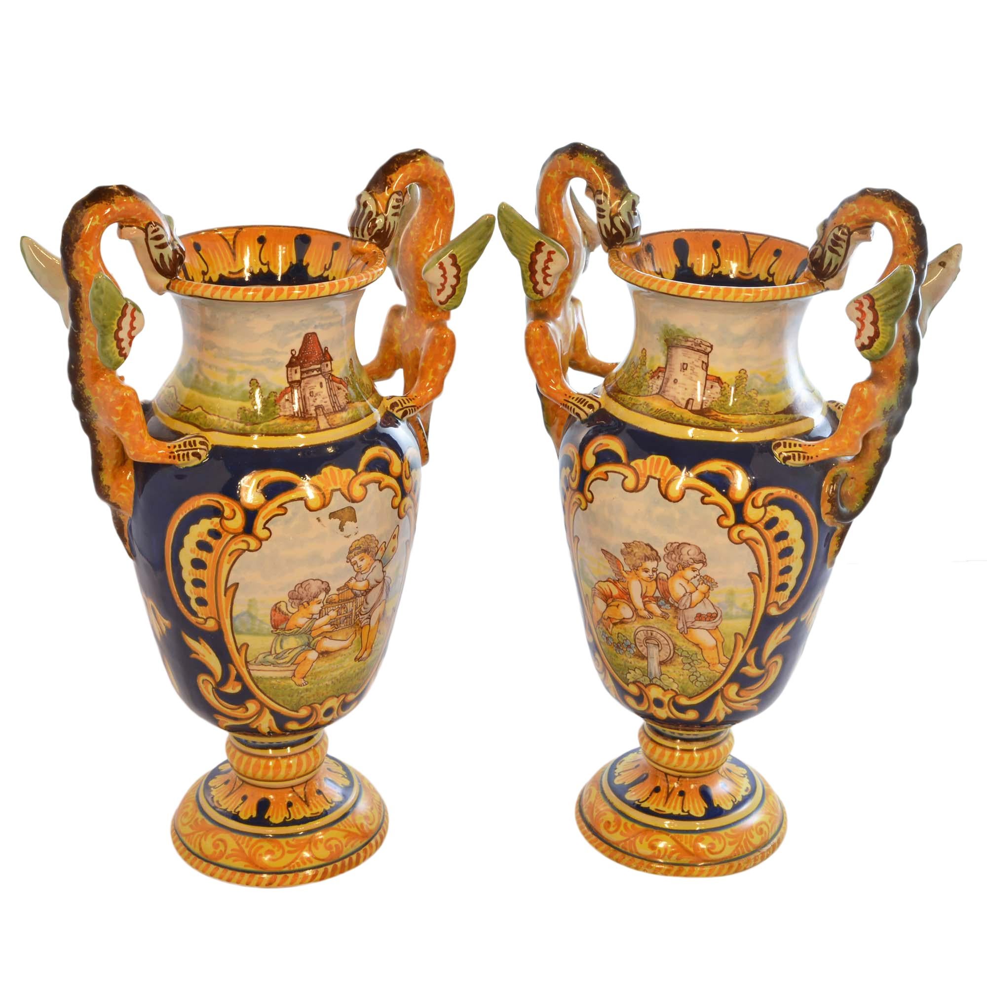 Antoine Montagnon Rouen Vases Hand Painted Cherub Scene and Dragon Handles Pair (Töpferwaren) im Angebot