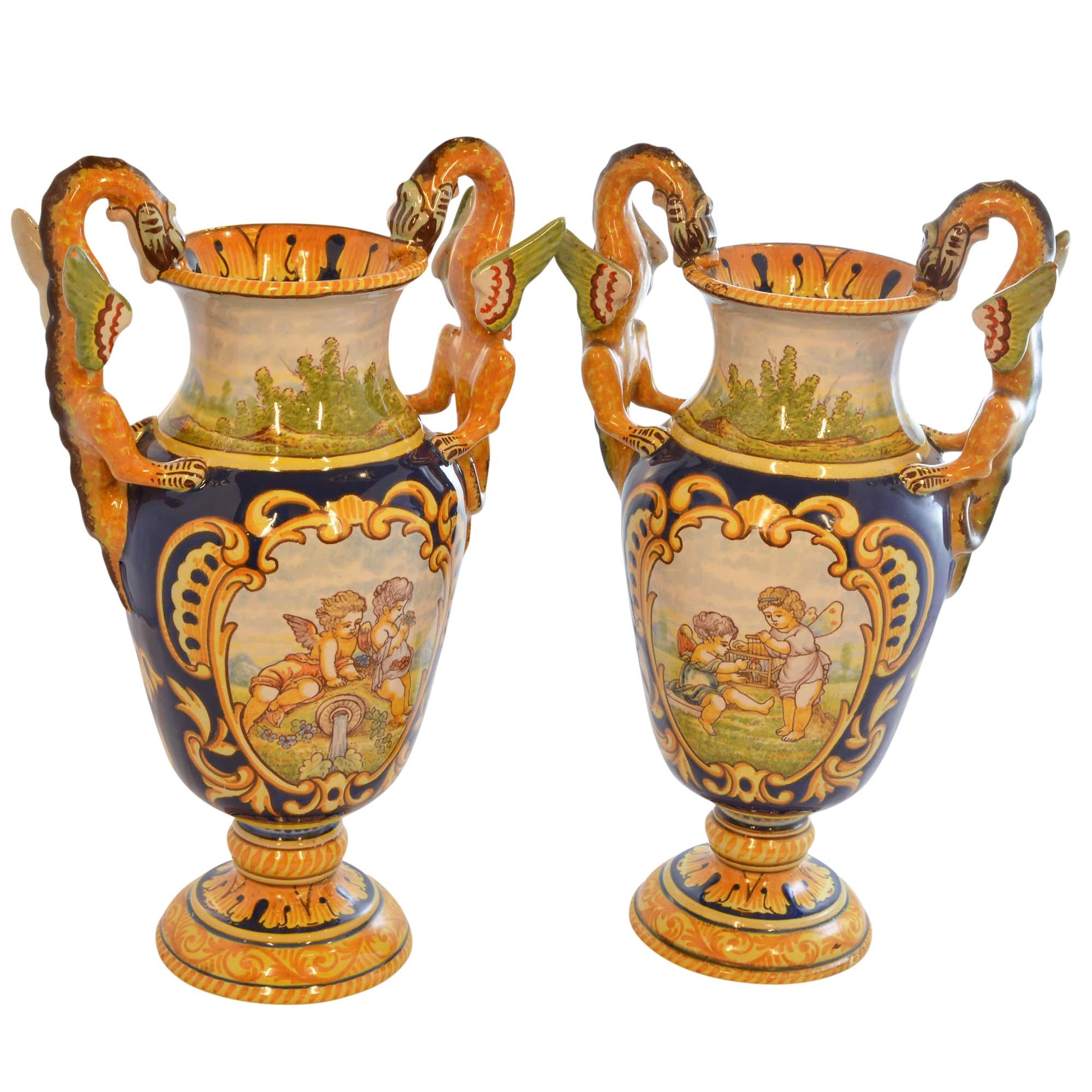 Antoine Montagnon Rouen Vases Hand Painted Cherub Scene and Dragon Handles Pair im Angebot