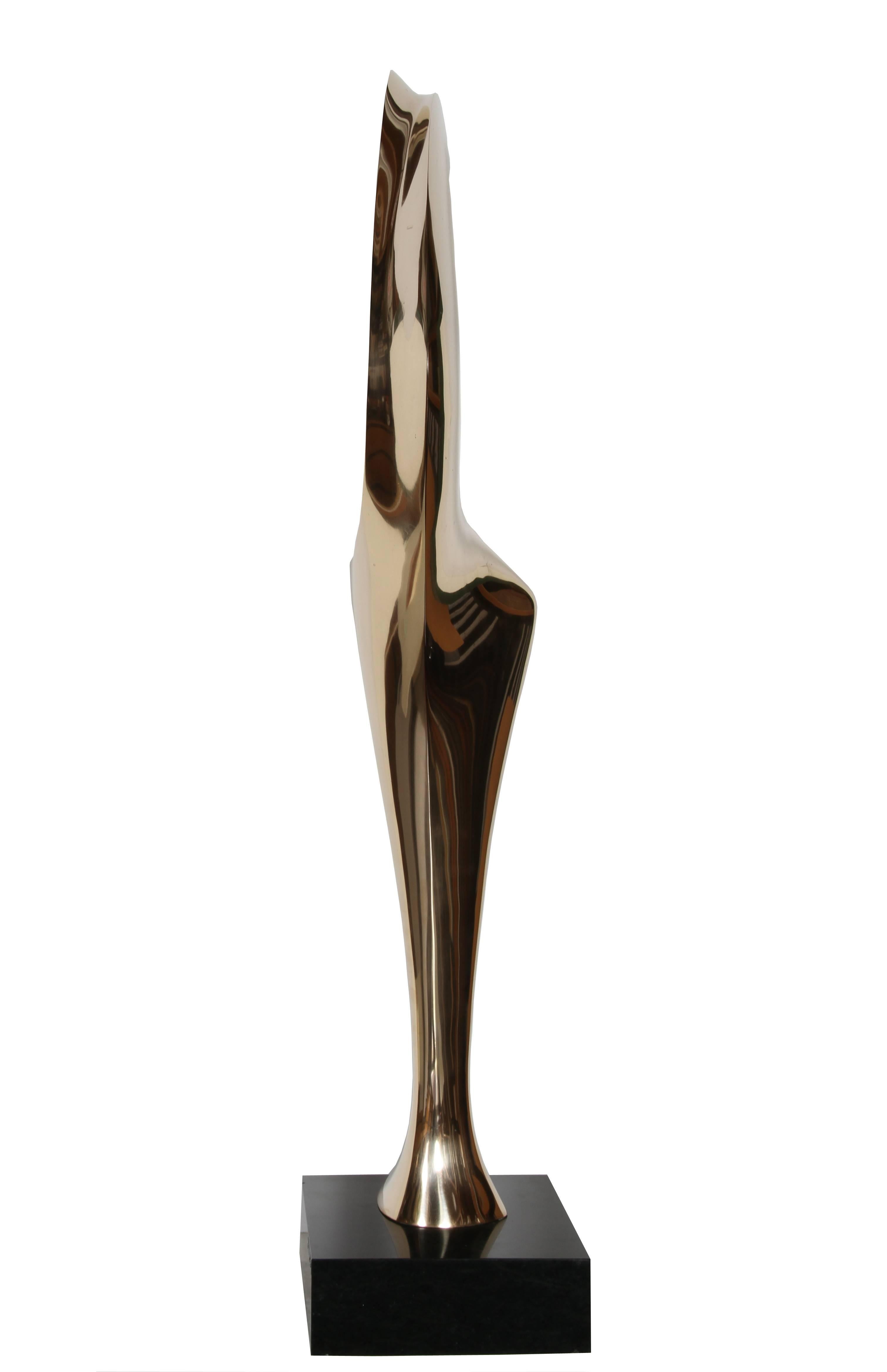 Artist: Antoine Poncet, Swiss (1928 - )
Title: Cororeol
Medium: Polished Bronze Sculpture, Signature 'A.P.' inscribed
Edition: 2/6
Size: 41 in. x 21 in. x 5 in. (104.14 cm x 53.34 cm x 12.7 cm)
Base: 11 x 9 x 3.5 inches 
