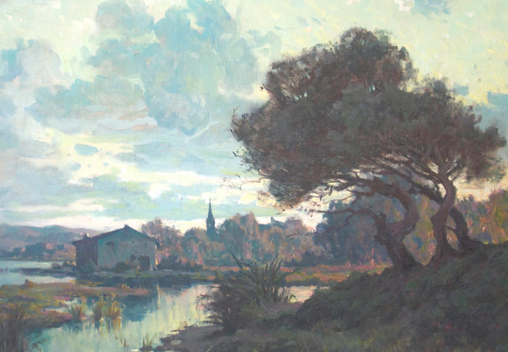 El óleo de Antoine Ponchin de finales del siglo XIX, que capta una serena escena a lo largo del río Somme en Francia, ejemplifica maravillosamente la maestría del artista con la luz y la atmósfera. Pintadas en una época en la que el Impresionismo