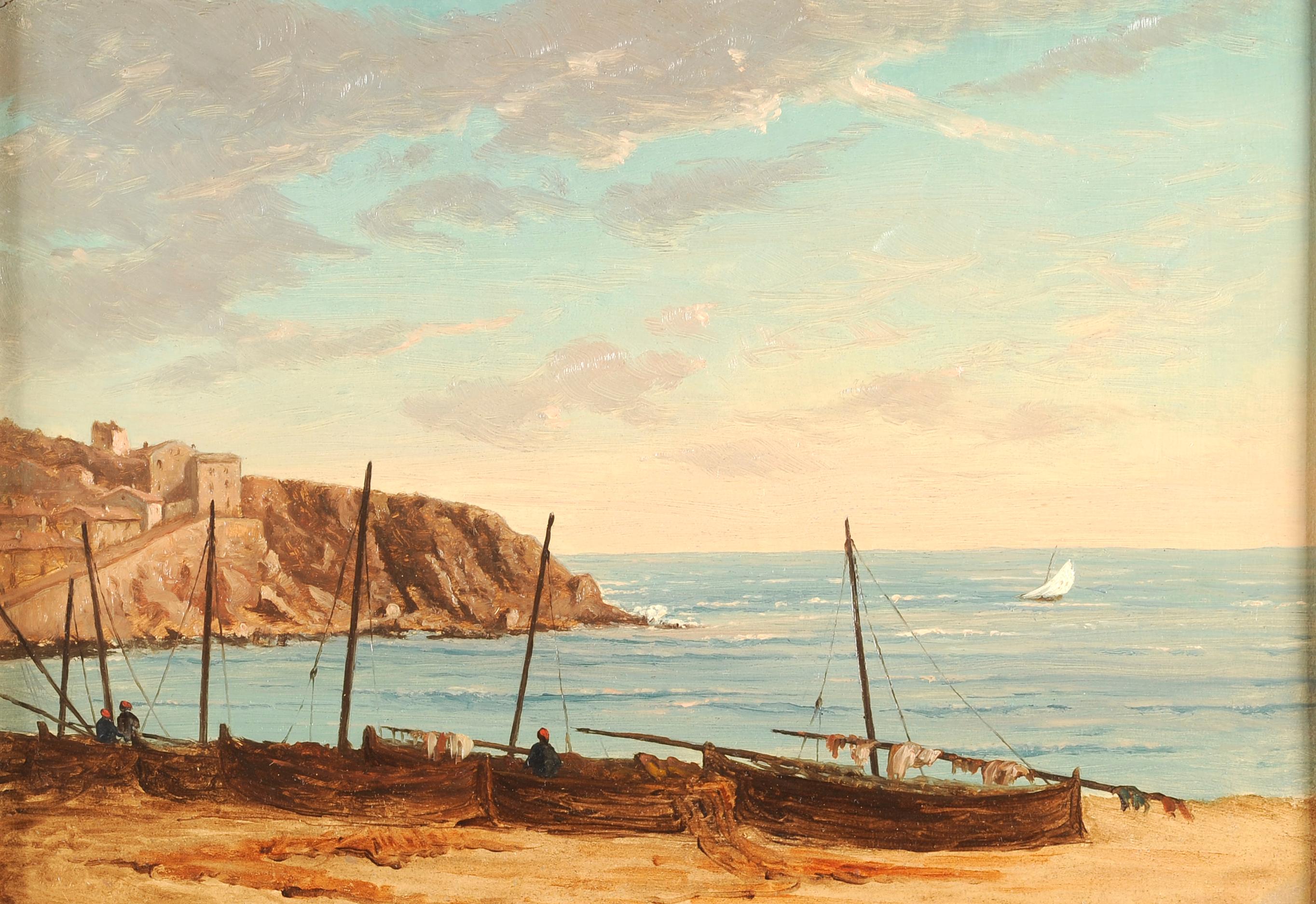 Beach and harbor of Banyuls on French Mediterranean cost - Painting by Antoine Ponthus-Cinier 