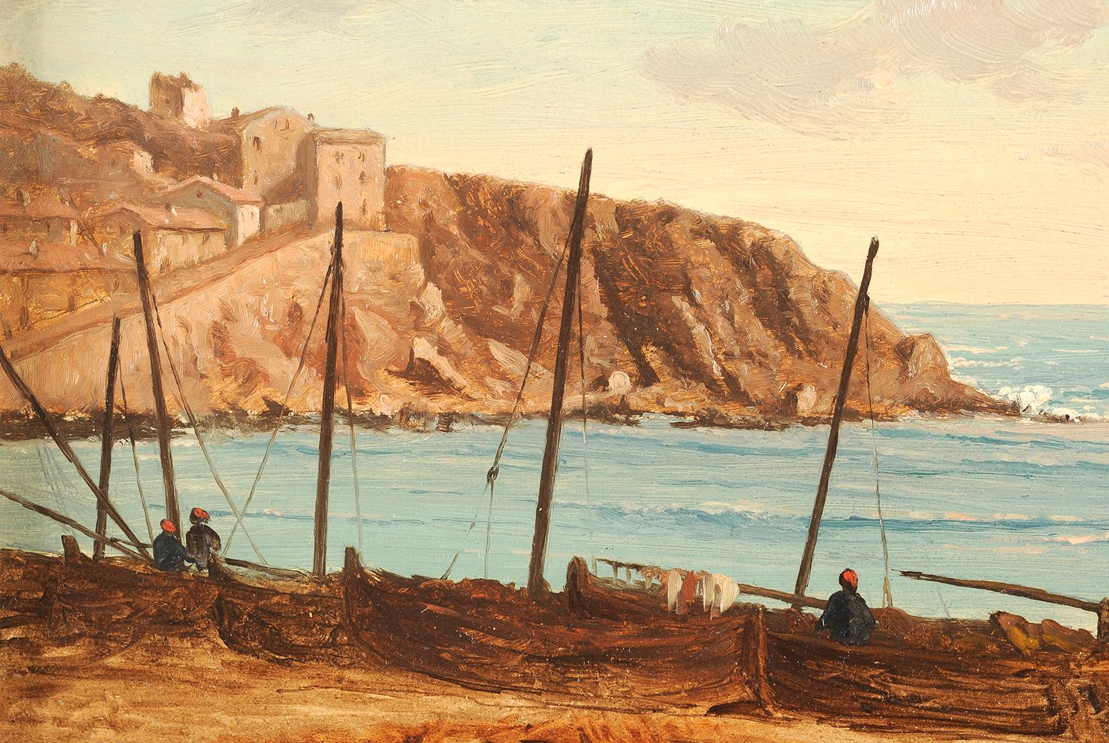 Beach and harbor of Banyuls on French Mediterranean cost - French School Painting by Antoine Ponthus-Cinier 