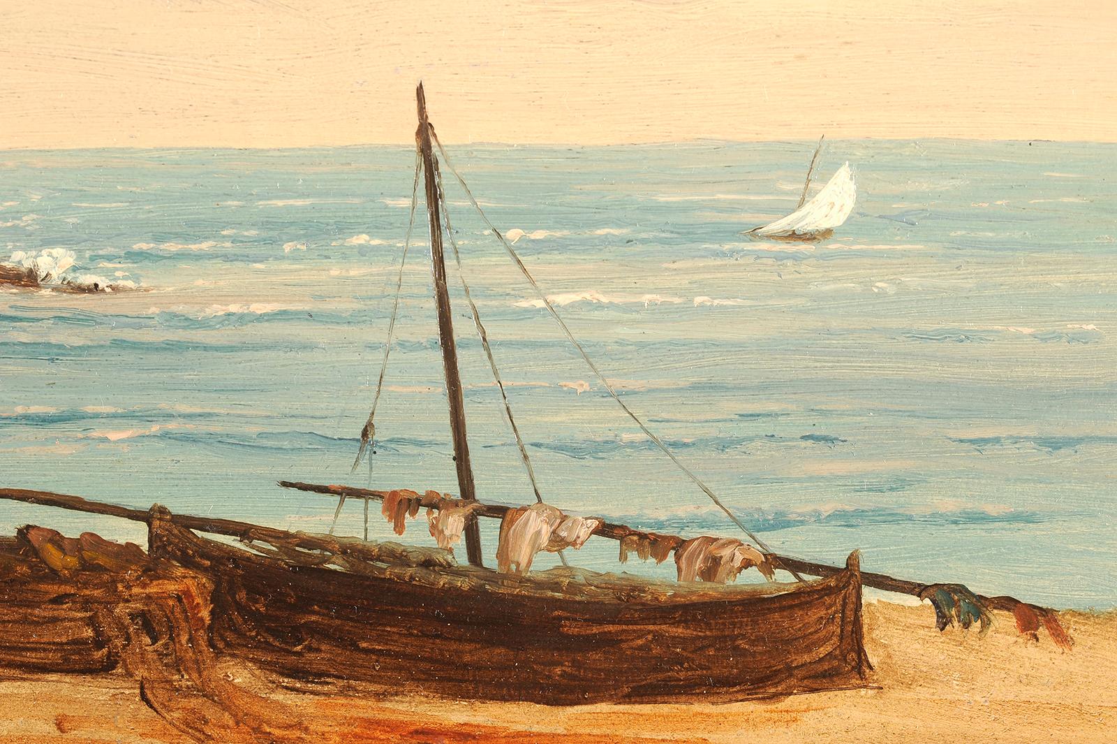 Beach and harbor of Banyuls on French Mediterranean cost - Beige Landscape Painting by Antoine Ponthus-Cinier 