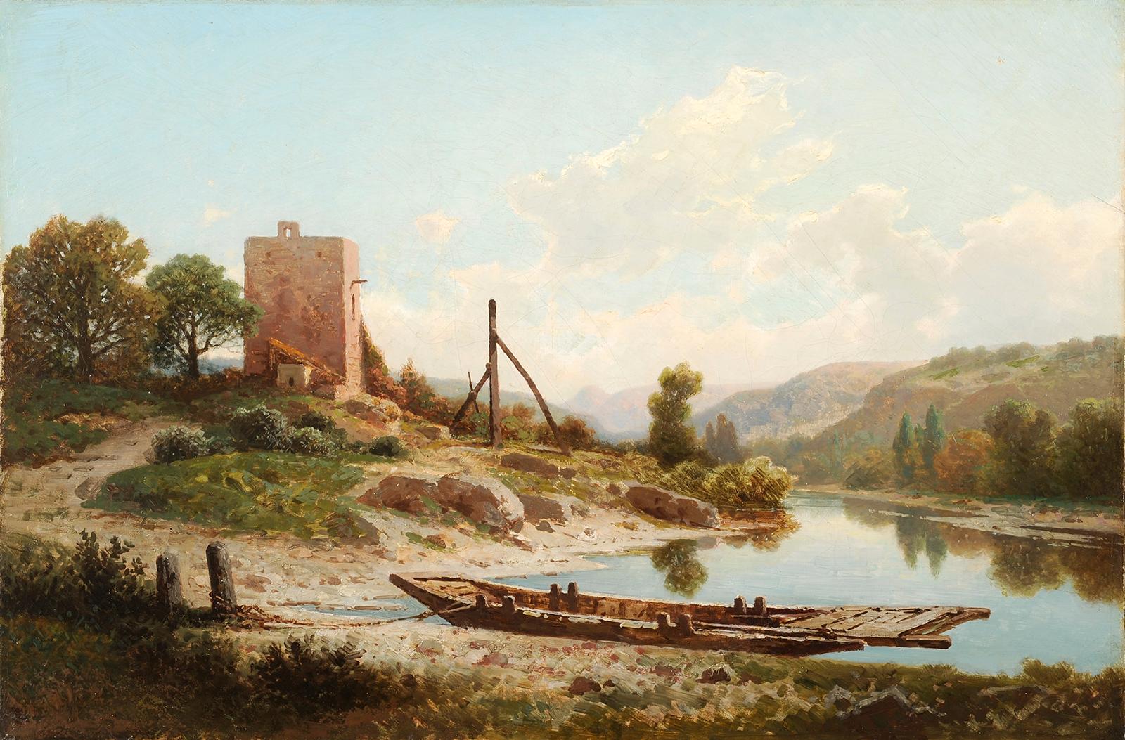 Das Fährschiff in Neuville sur Ain bei Lyon in Frankreich – Painting von Antoine Ponthus-Cinier 