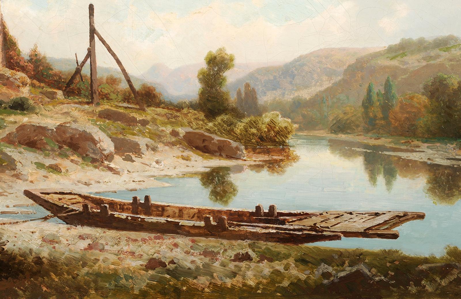 Das Fährschiff in Neuville sur Ain bei Lyon in Frankreich (Braun), Landscape Painting, von Antoine Ponthus-Cinier 