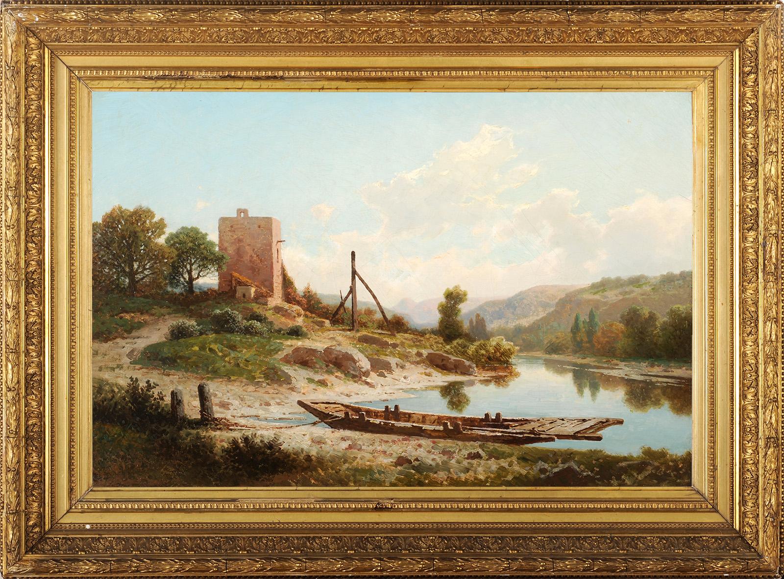 Antoine Ponthus-Cinier  Landscape Painting – Das Fährschiff in Neuville sur Ain bei Lyon in Frankreich