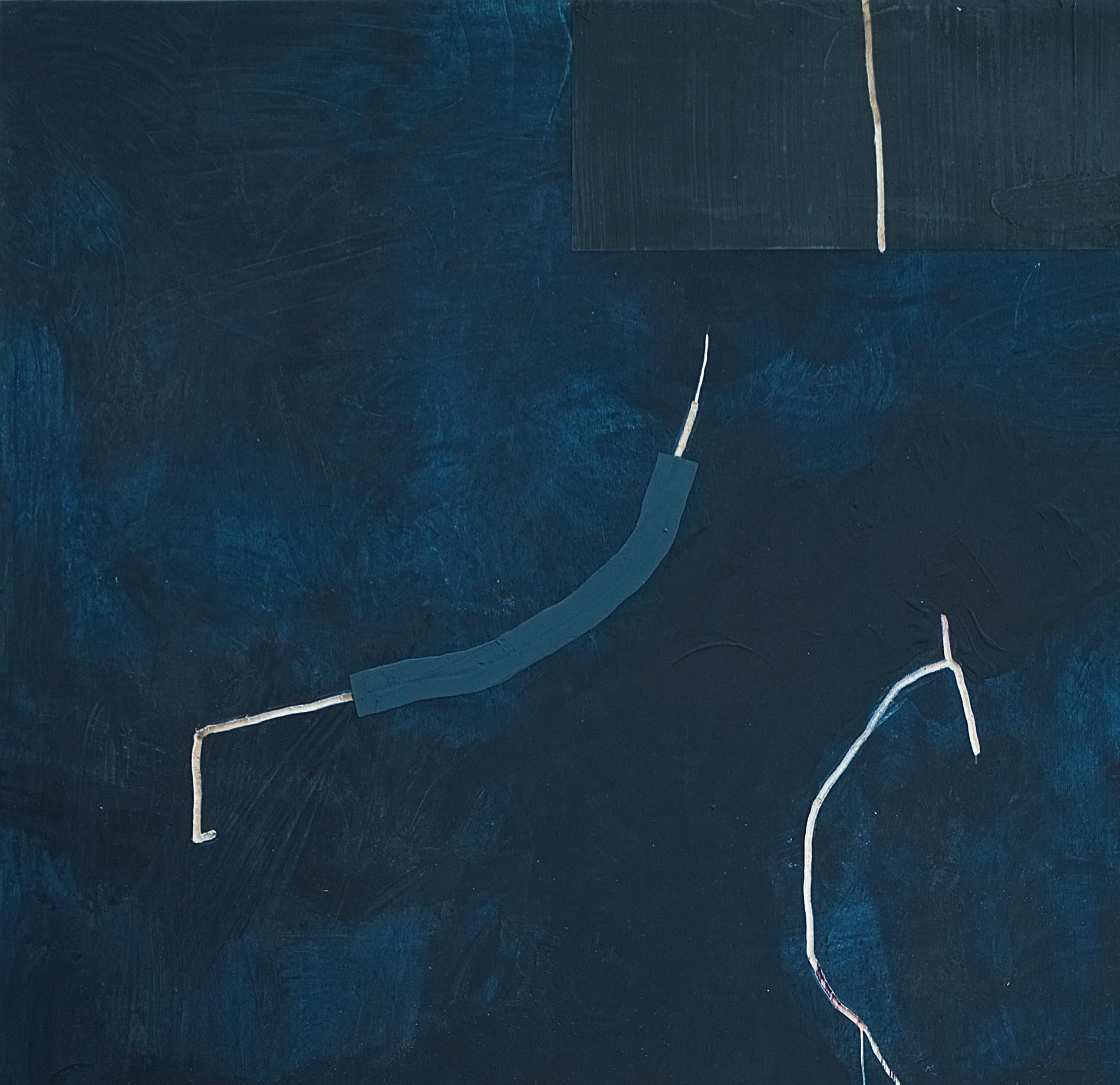 'Black and blue residue 3' is an abstract minimalist acrylic painting on plywood panel by French artist - Antoine Puisais. It is a medium size dar blue and black contemporary art piece with a monochromatic design and authentic, raw aesthetic. Its