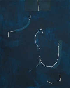 Black & Blue Residue 3, Contemporary Abstract Minimalist Monochrome Acrylic Wood