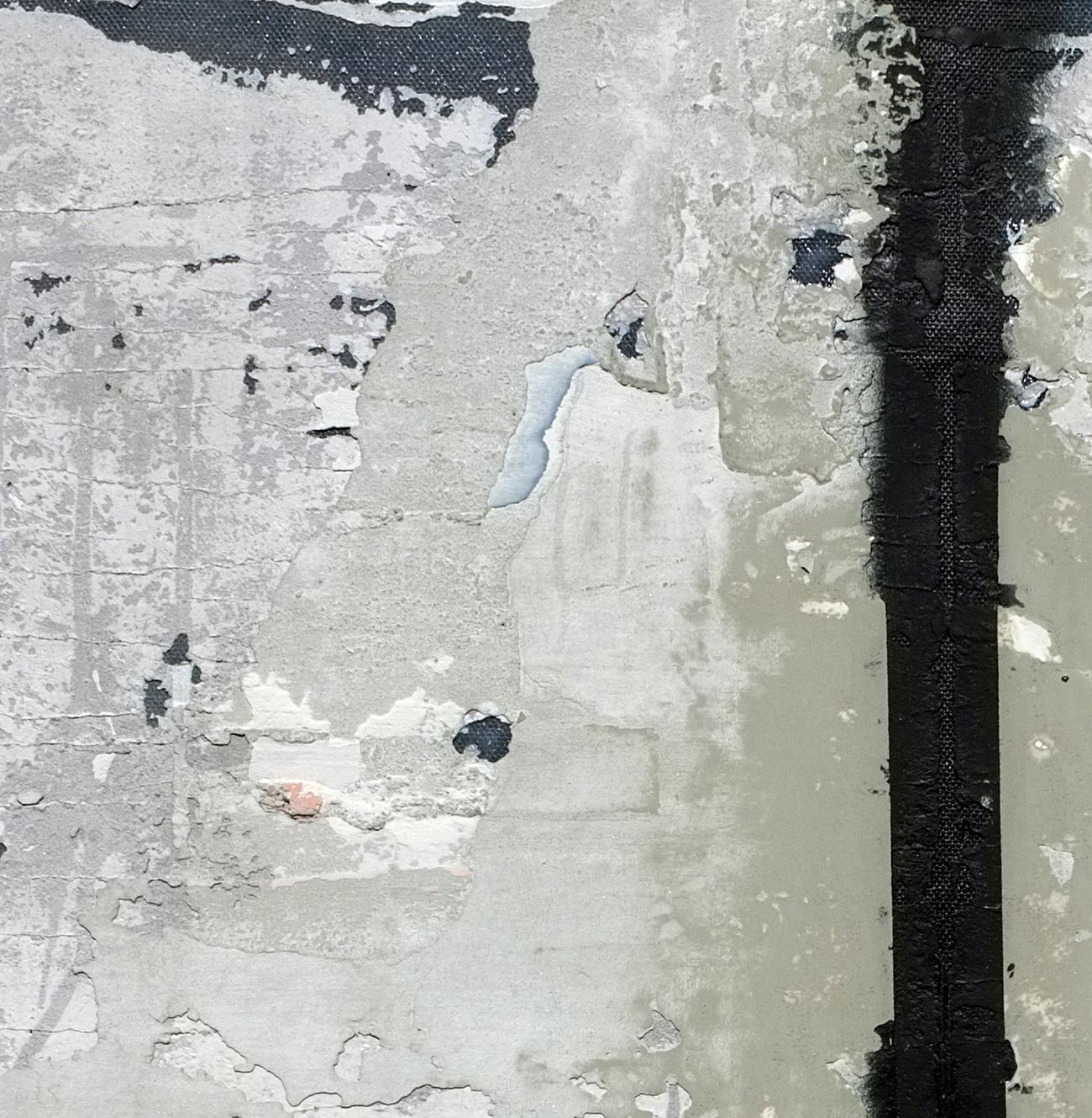 'D-street' is a minimalist abstract mixed media painting by French artist - Antoine Puisais. It is a medium size grey and black contemporary collage on linen canvas with a neutral design and authentic, raw aesthetic. Its beautiful monochromatic
