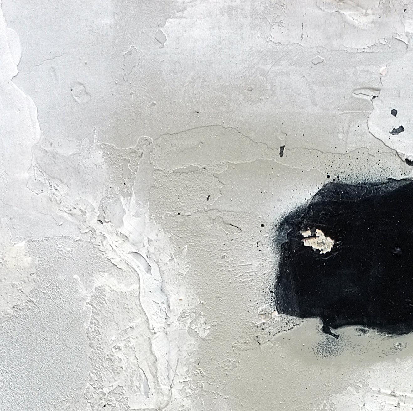 'Gum' is a minimalist abstract mixed media painting by French artist - Antoine Puisais. It is a small gray, black and white contemporary collage on linen canvas with a neutral design and authentic, raw aesthetic. Its beautiful monochromatic style