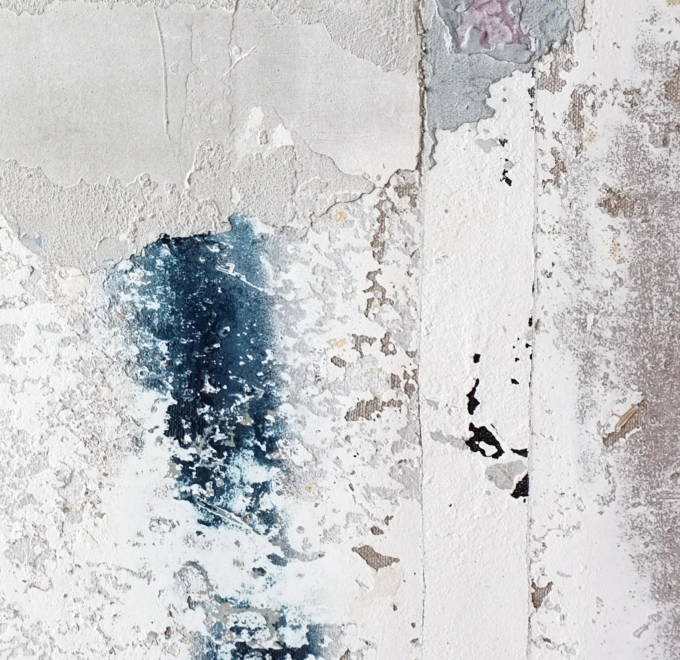 'Gums II' is an abstract minimalist mixed media painting by French artist - Antoine Puisais. It is a medium size blue and grey tone contemporary collage on linen canvas with a simple monochrome design and authentic, raw aesthetic. Its beautiful