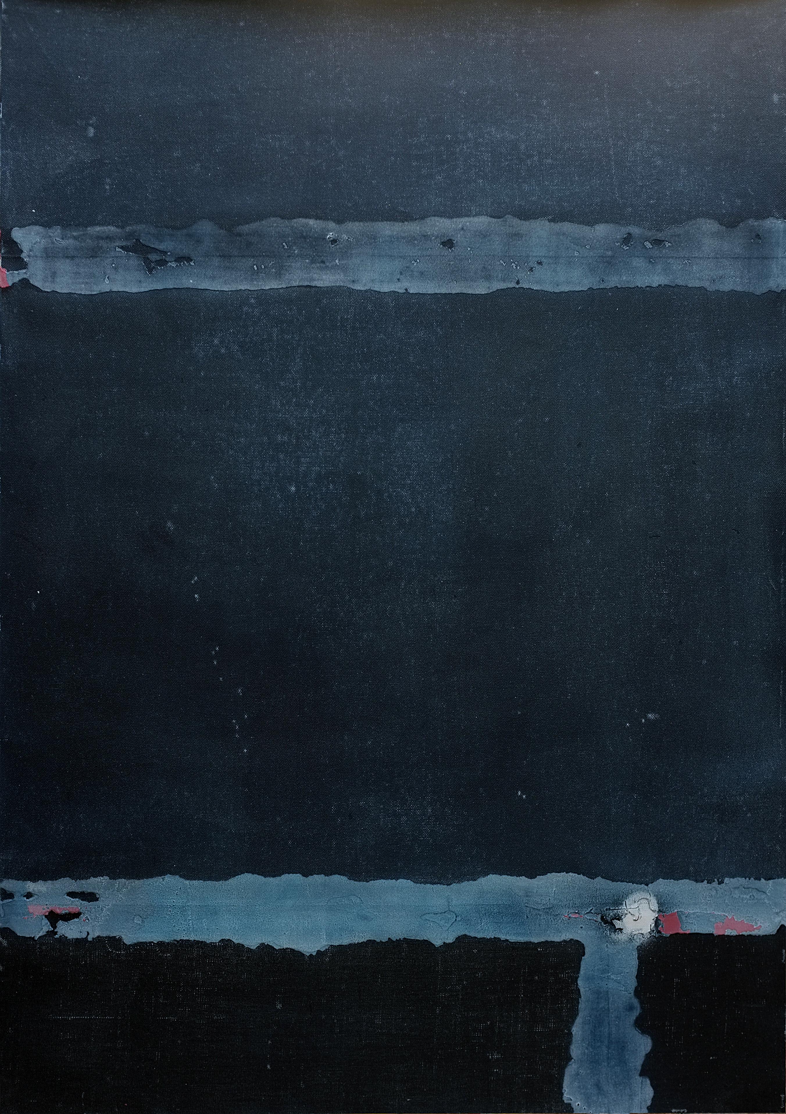 Antoine Puisais Abstract Painting - Night at Uwajima, Contemporary Minimalist Abstract Mixed Media Blue Dark Collage