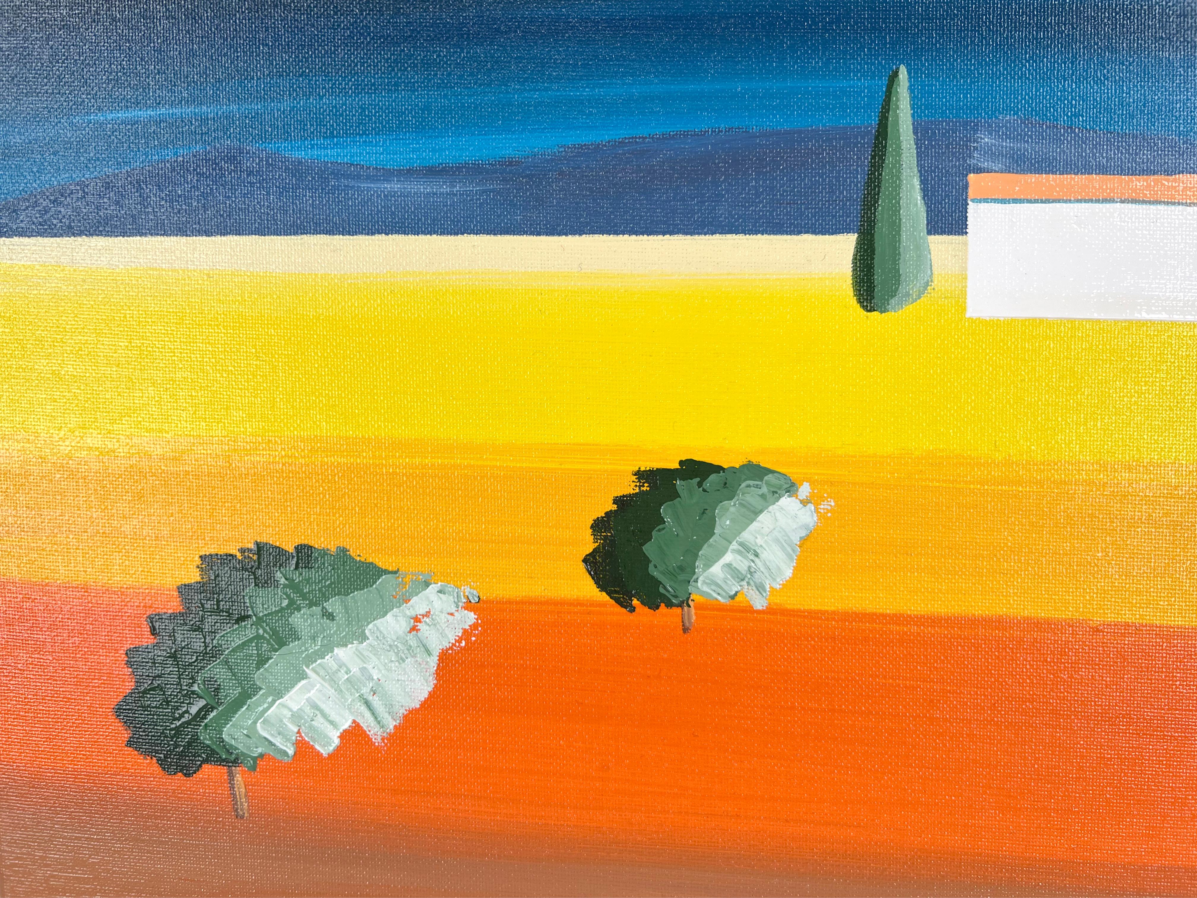 Le Cyprès Abstrakte geometrische Landschaft mit Zypressenbaum - Acryl 2004 – Painting von Antoine Renault