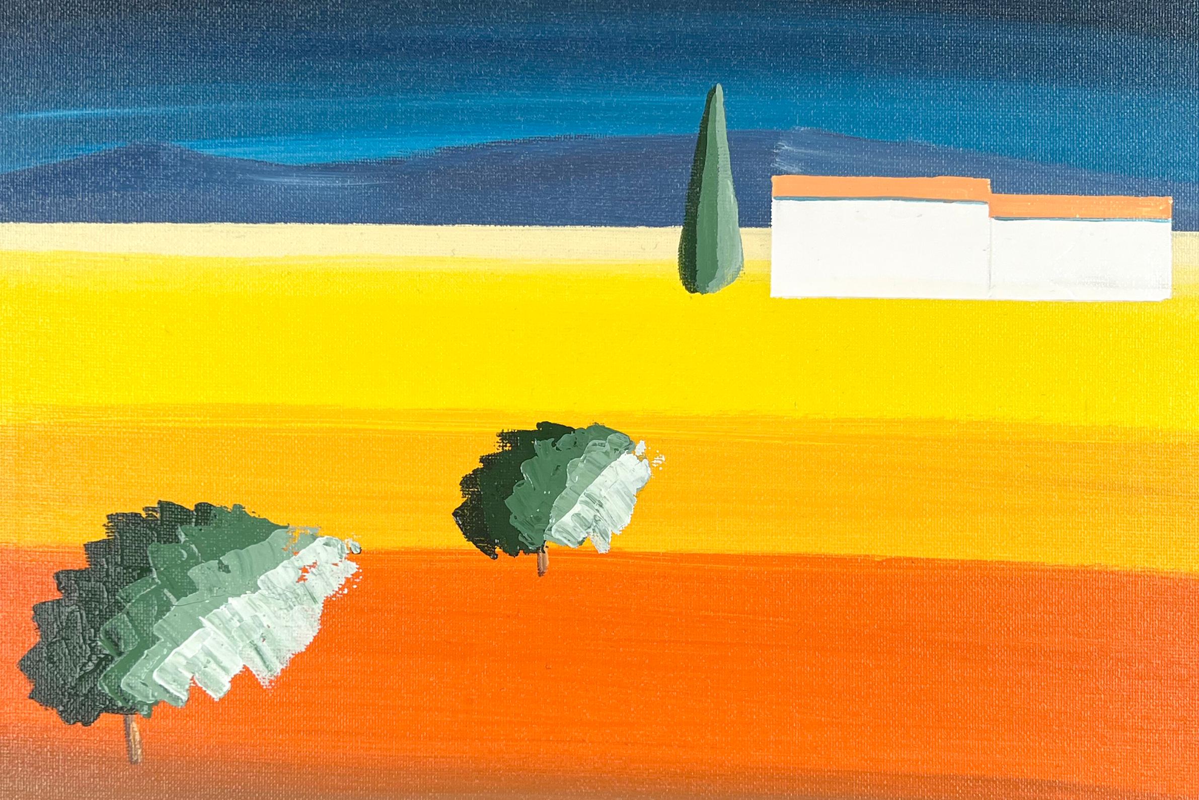 Le Cyprès Abstrakte geometrische Landschaft mit Zypressenbaum - Acryl 2004 (Geometrische Abstraktion), Painting, von Antoine Renault