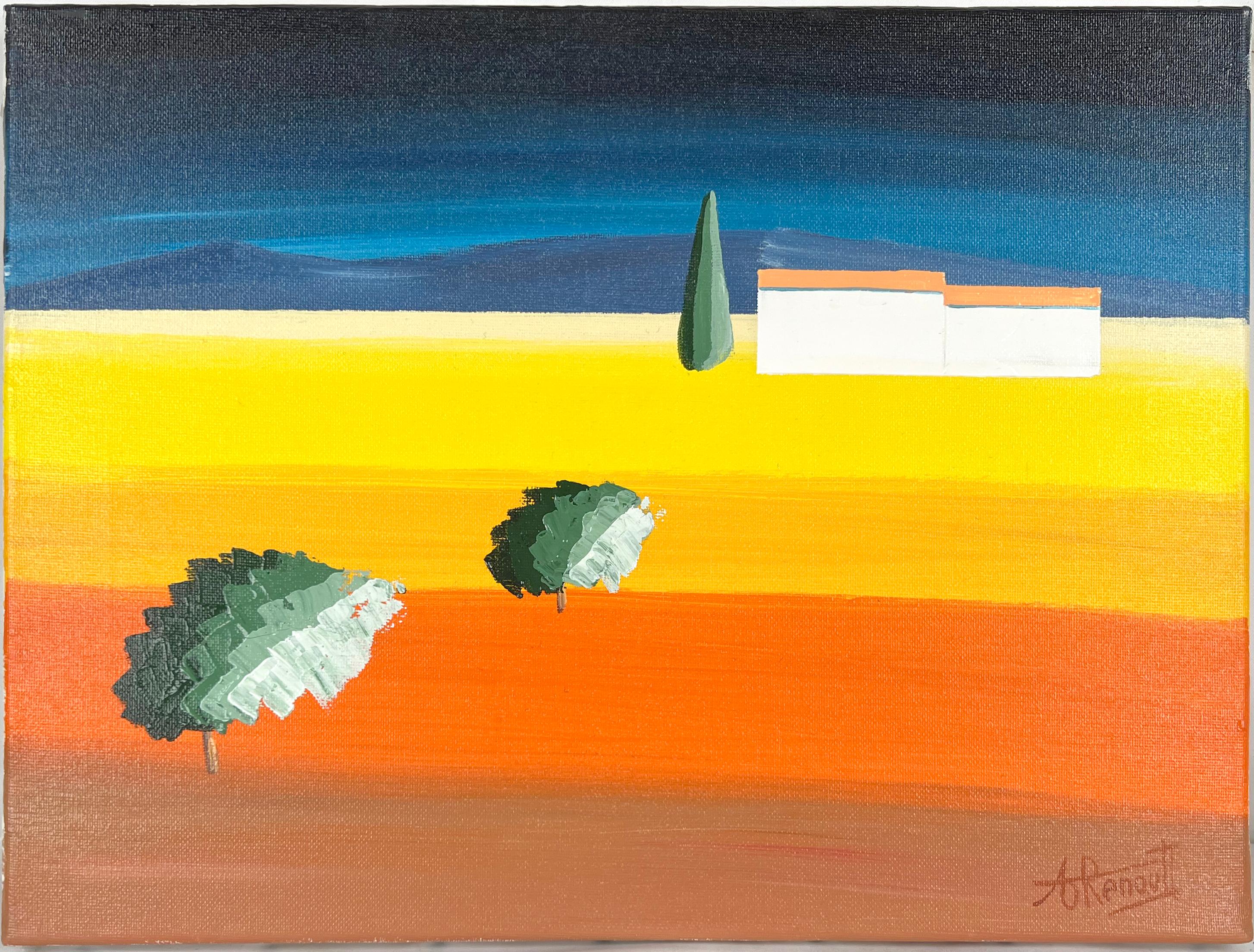 Antoine Renault Landscape Painting – Le Cyprès Abstrakte geometrische Landschaft mit Zypressenbaum - Acryl 2004